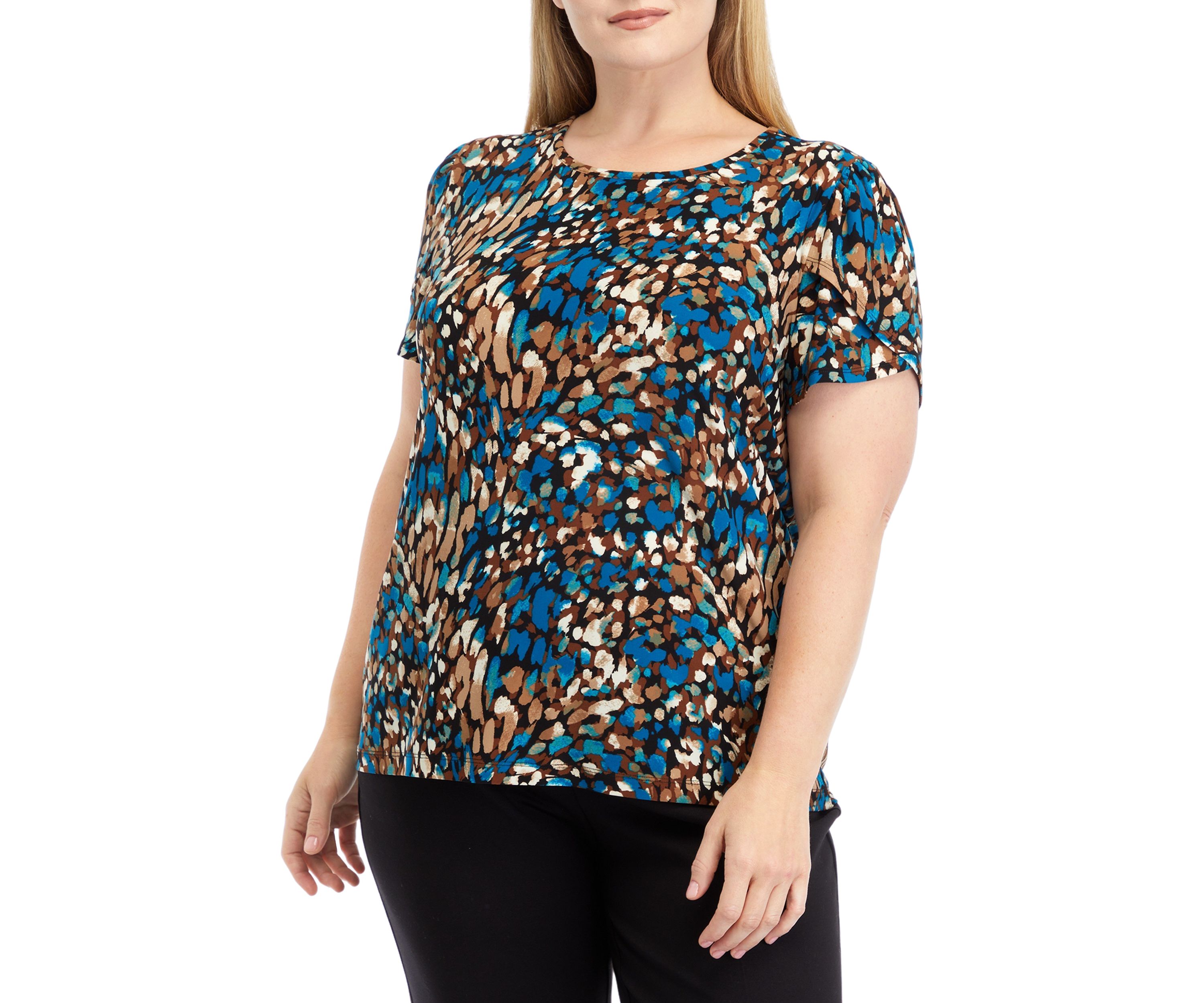 Plus Size Printed Short Gathered Tulip Sleeve Top
