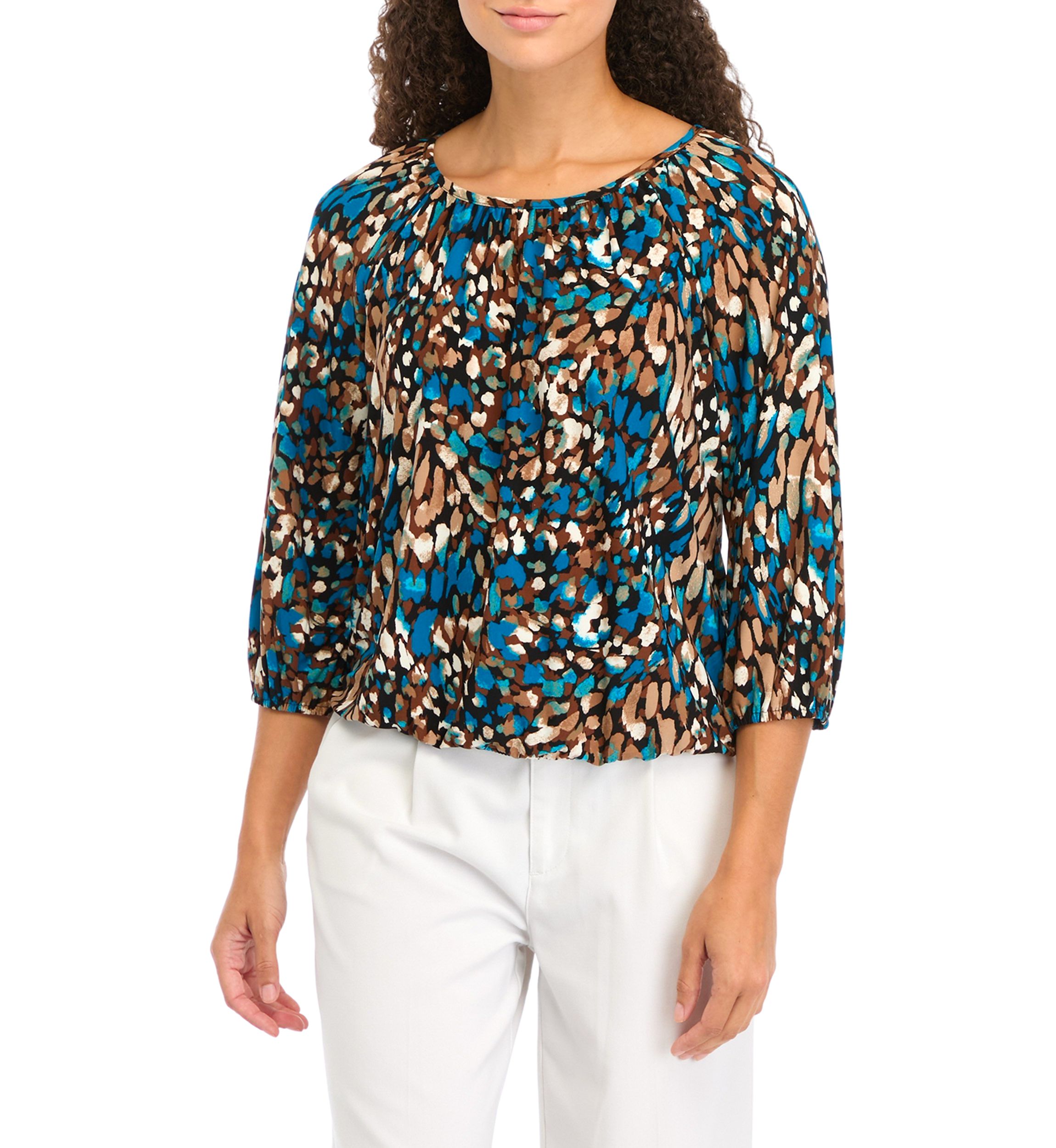 Petite Printed 3/4 Sleeve Shirred Peasant Top with Elastic Hem