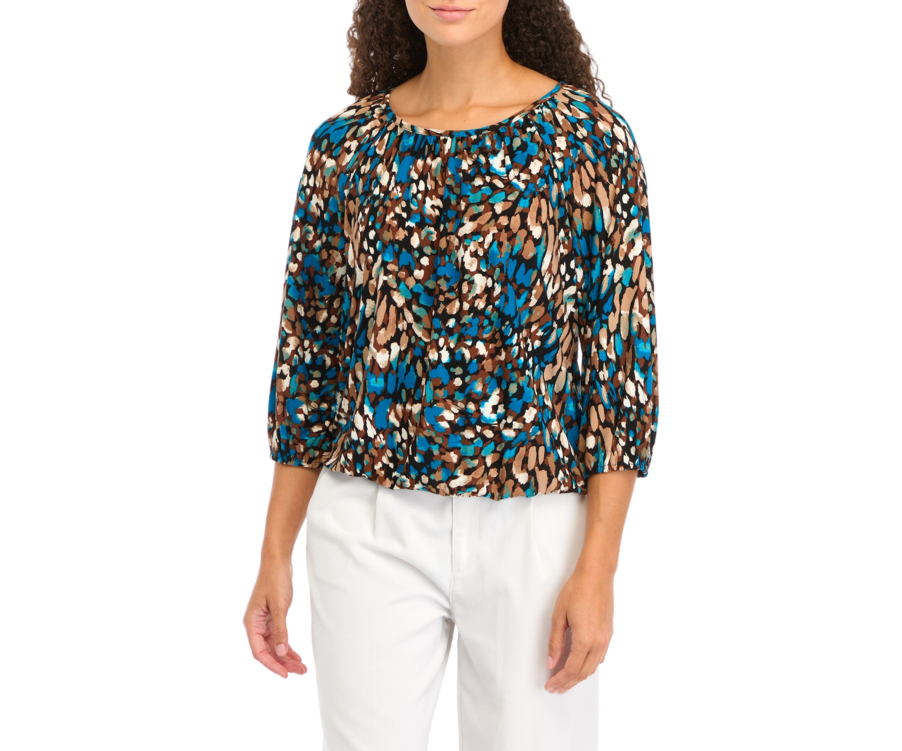 Petite Printed 3/4 Sleeve Shirred Peasant Top with Elastic Hem