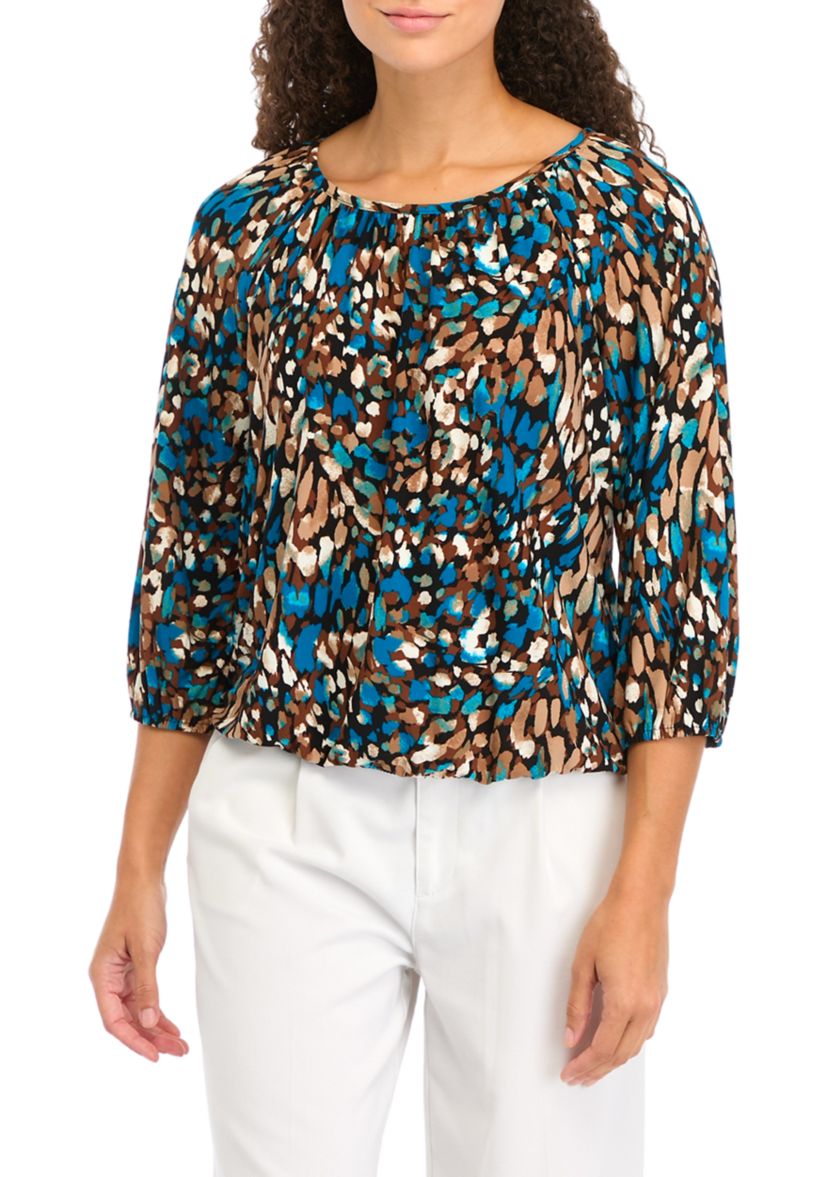 Petite Printed 3/4 Sleeve Shirred Peasant Top with Elastic Hem