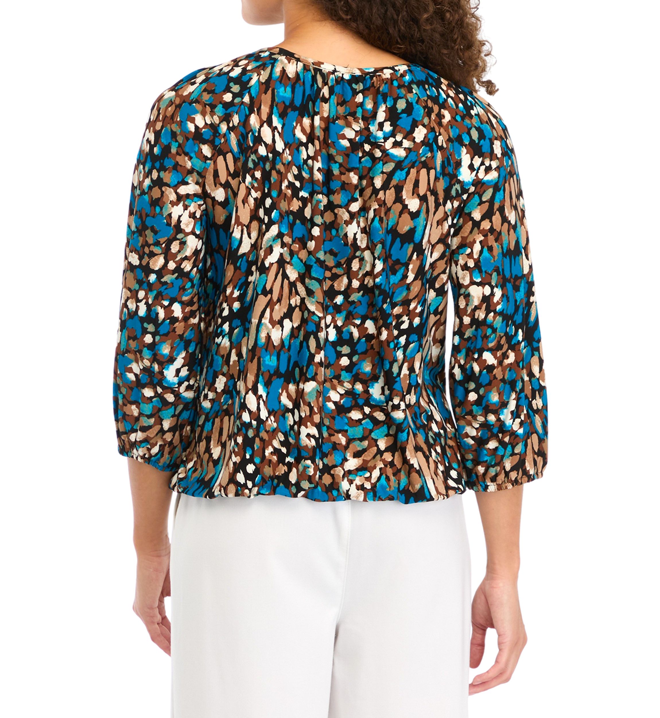 Petite Printed 3/4 Sleeve Shirred Peasant Top with Elastic Hem