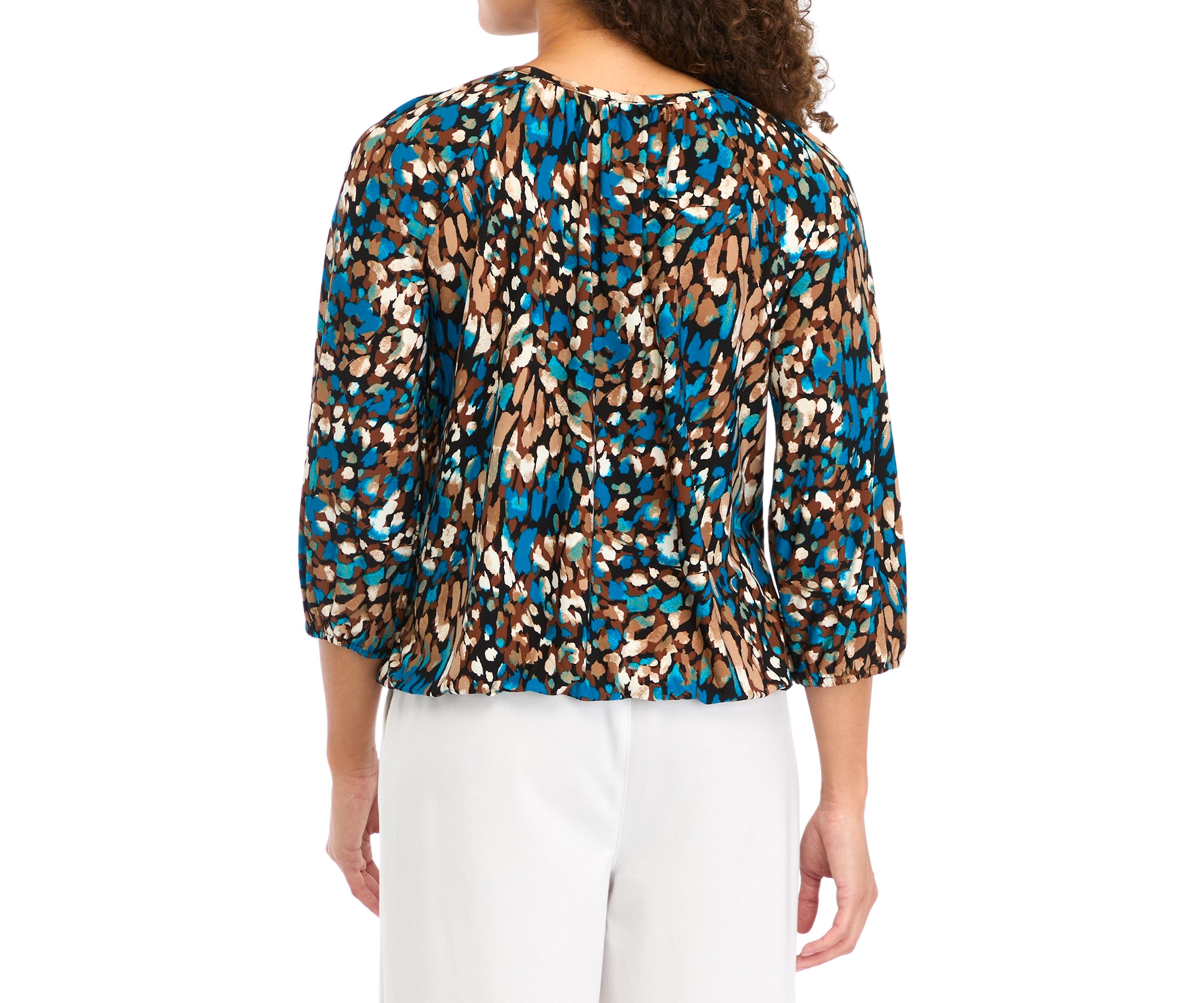 Petite Printed 3/4 Sleeve Shirred Peasant Top with Elastic Hem