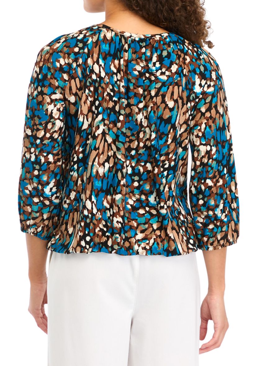 Petite Printed 3/4 Sleeve Shirred Peasant Top with Elastic Hem