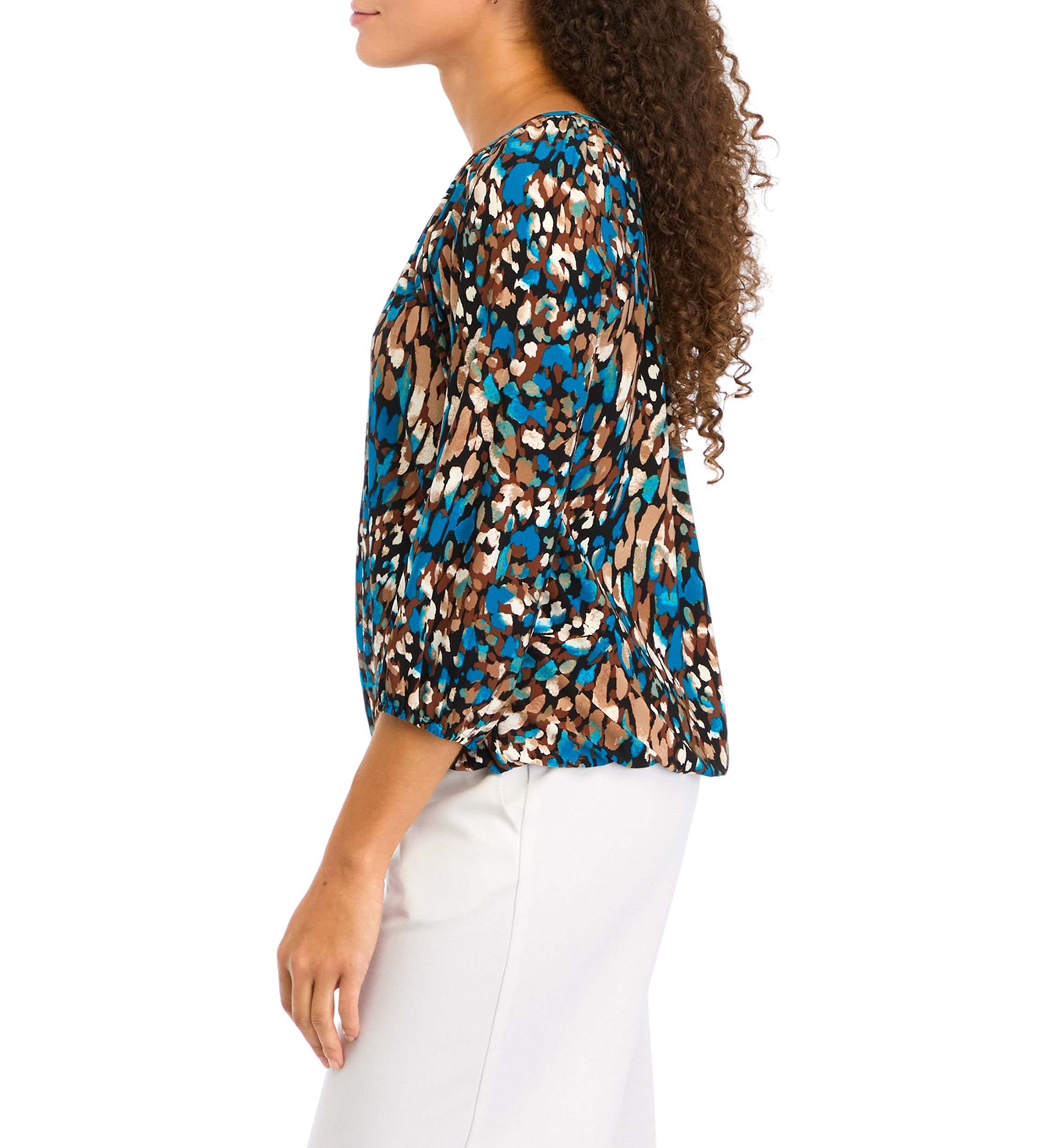 Petite Printed 3/4 Sleeve Shirred Peasant Top with Elastic Hem