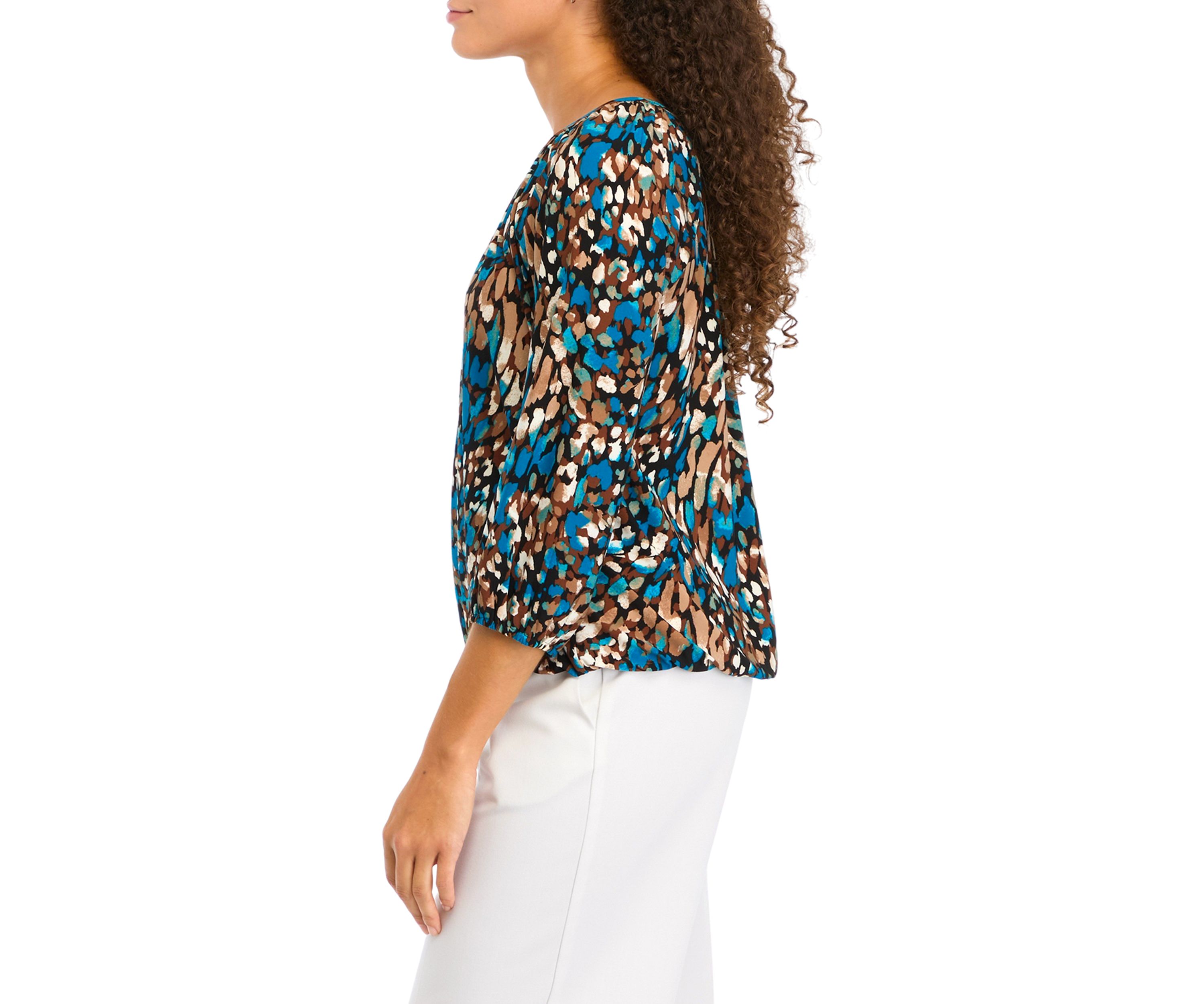 Petite Printed 3/4 Sleeve Shirred Peasant Top with Elastic Hem
