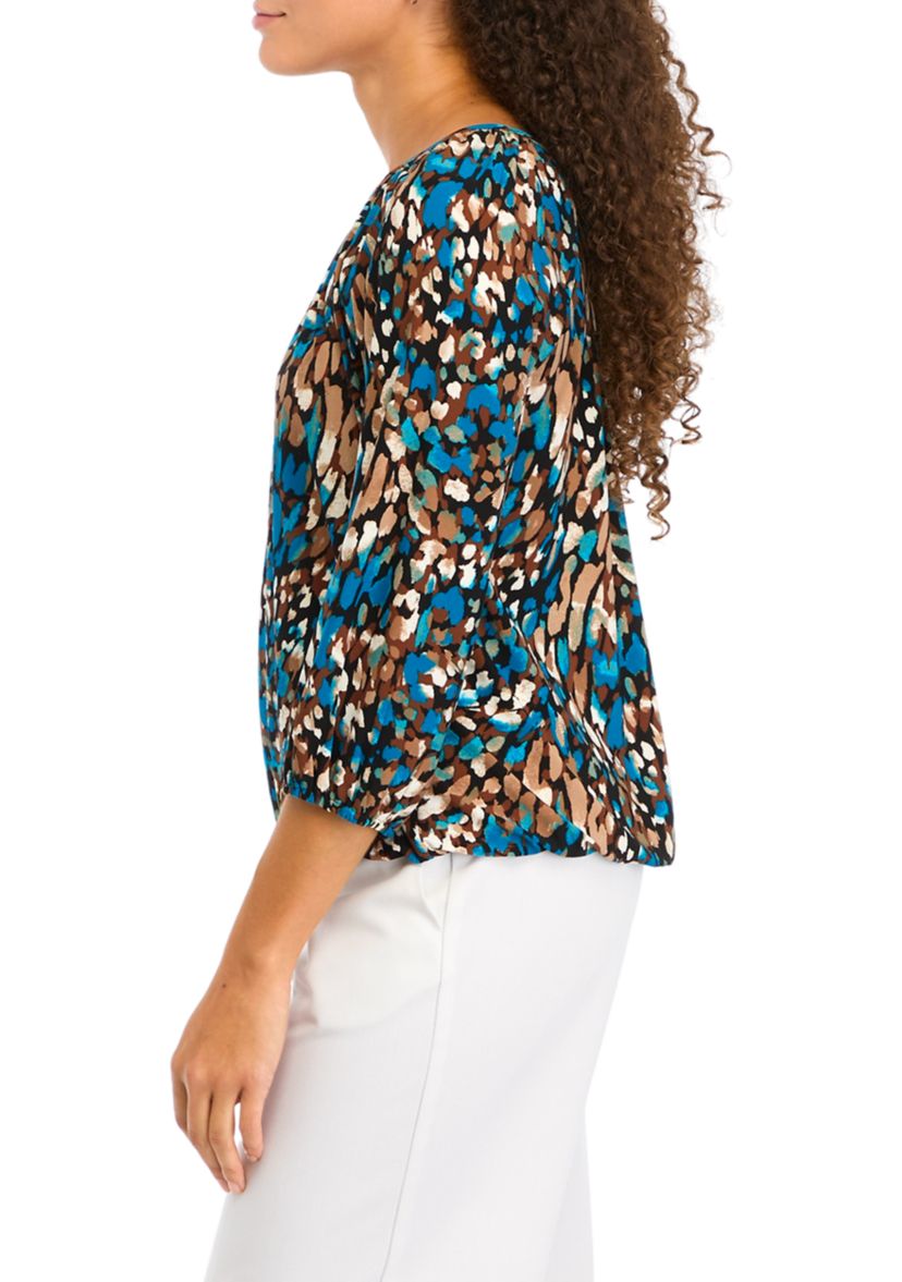 Petite Printed 3/4 Sleeve Shirred Peasant Top with Elastic Hem
