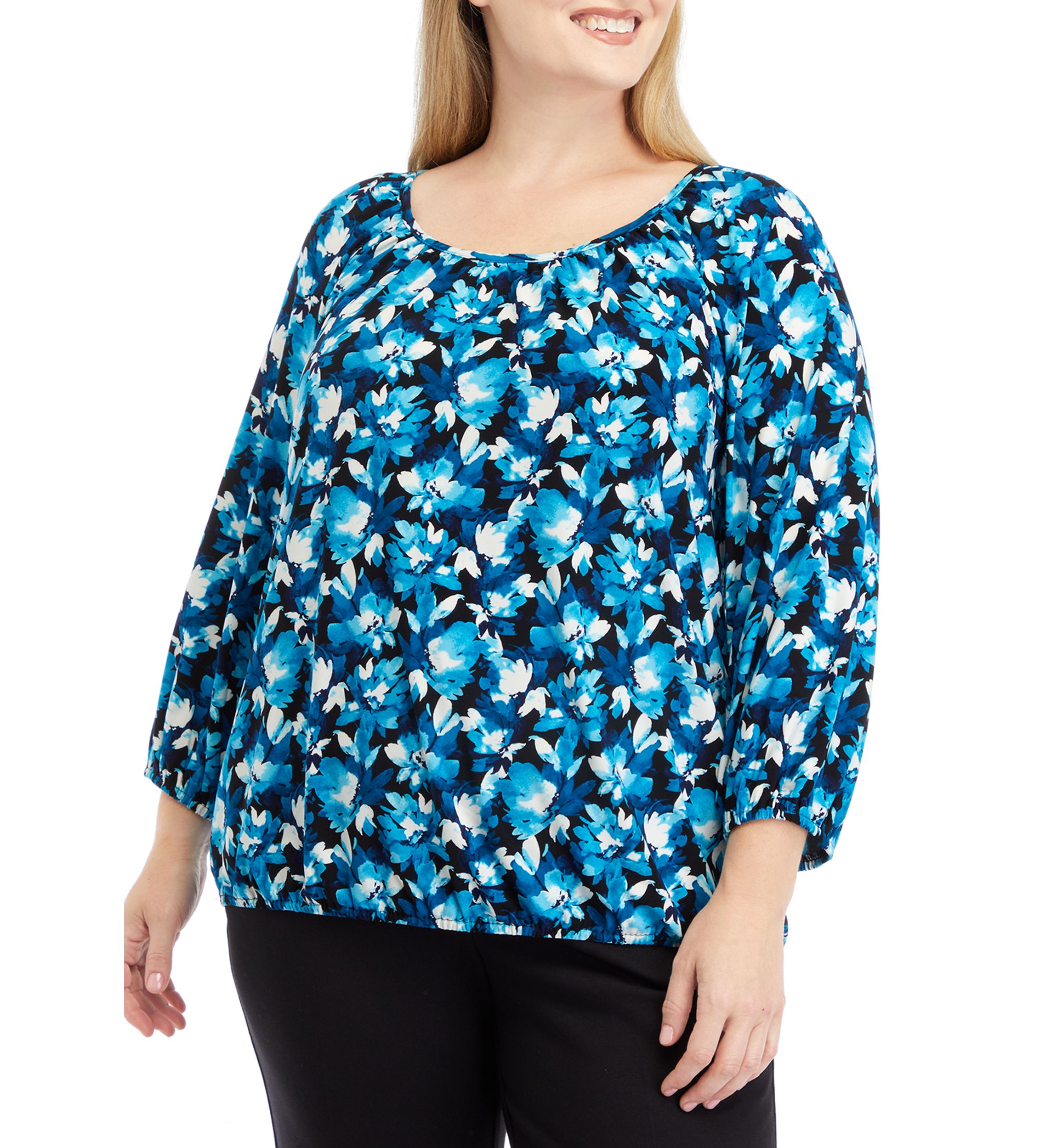 Plus Size Printed 3/4 Sleeve Shirred Peasant Top with Elastic Hem