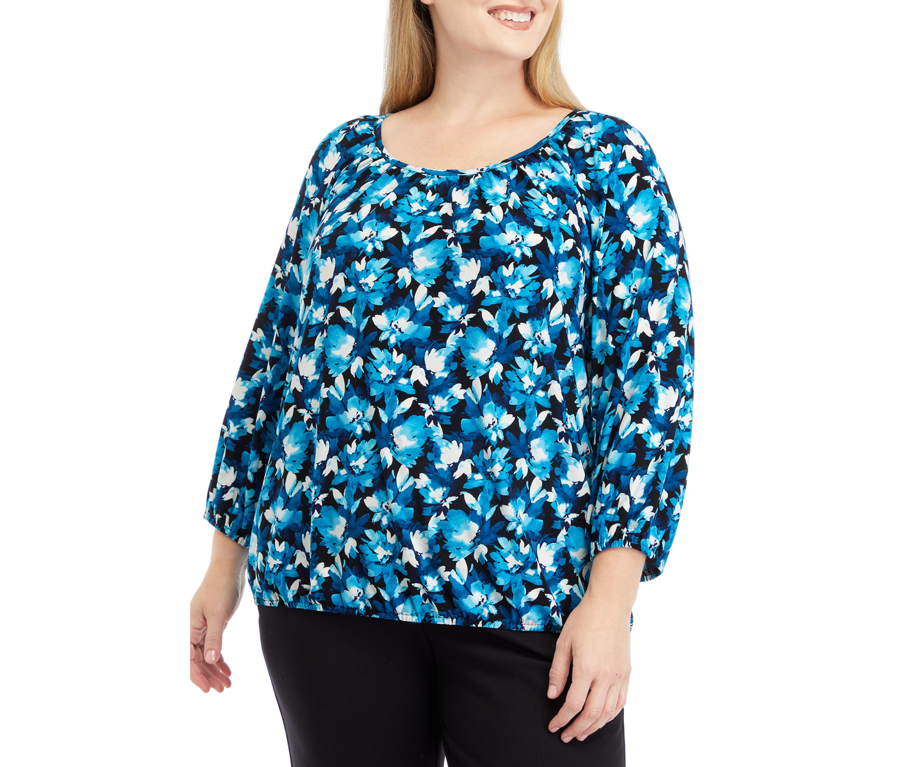 Plus Size Printed 3/4 Sleeve Shirred Peasant Top with Elastic Hem