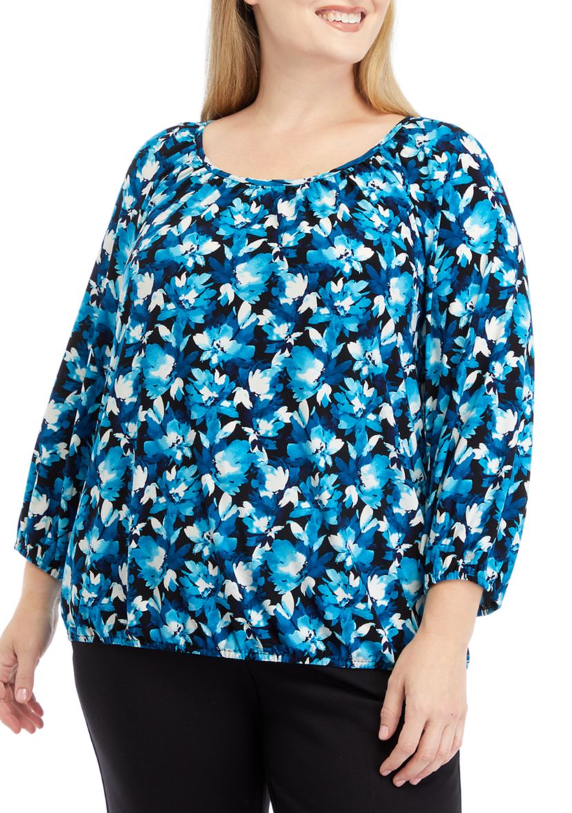 Plus Size Printed 3/4 Sleeve Shirred Peasant Top with Elastic Hem