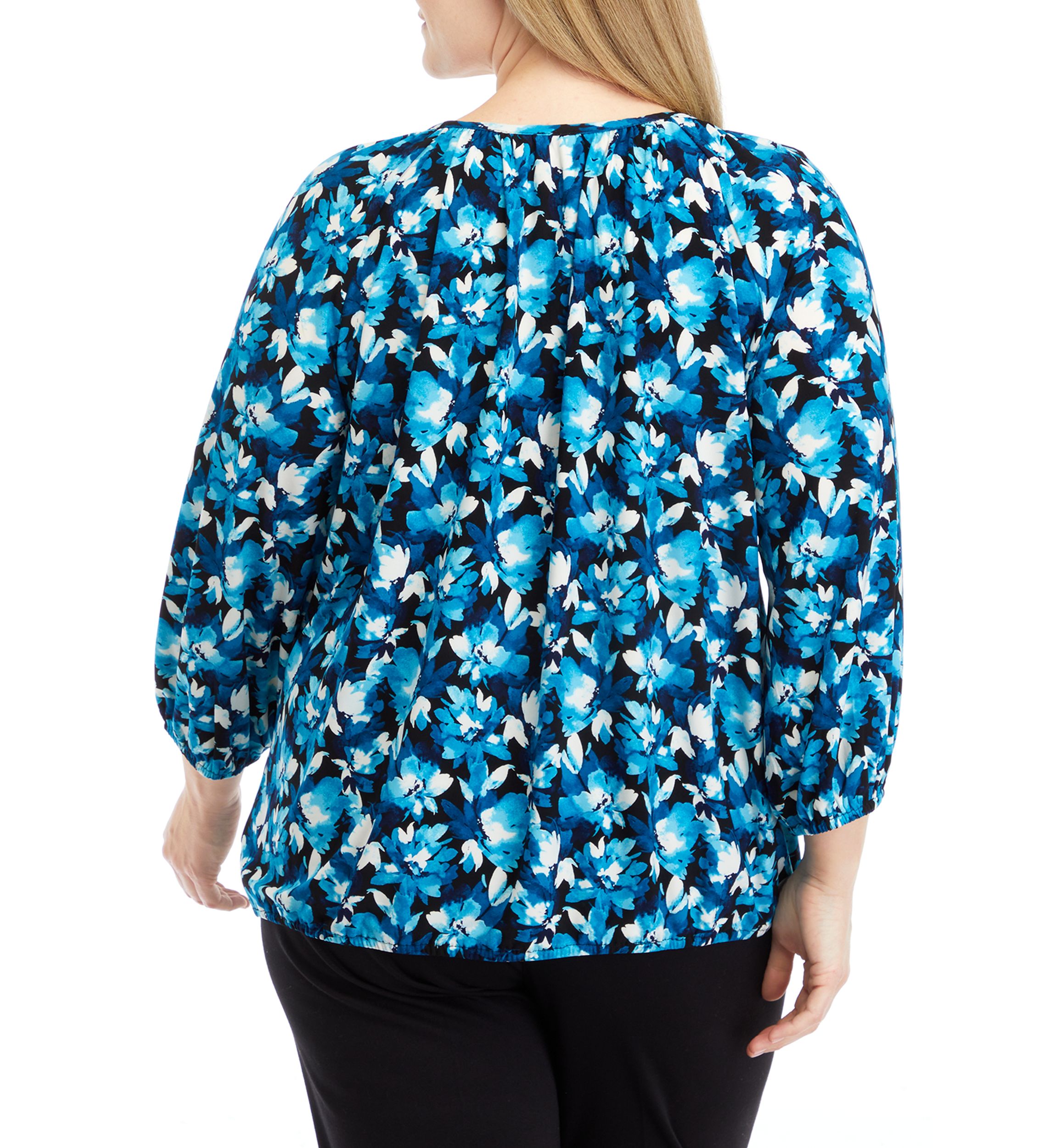 Plus Size Printed 3/4 Sleeve Shirred Peasant Top with Elastic Hem