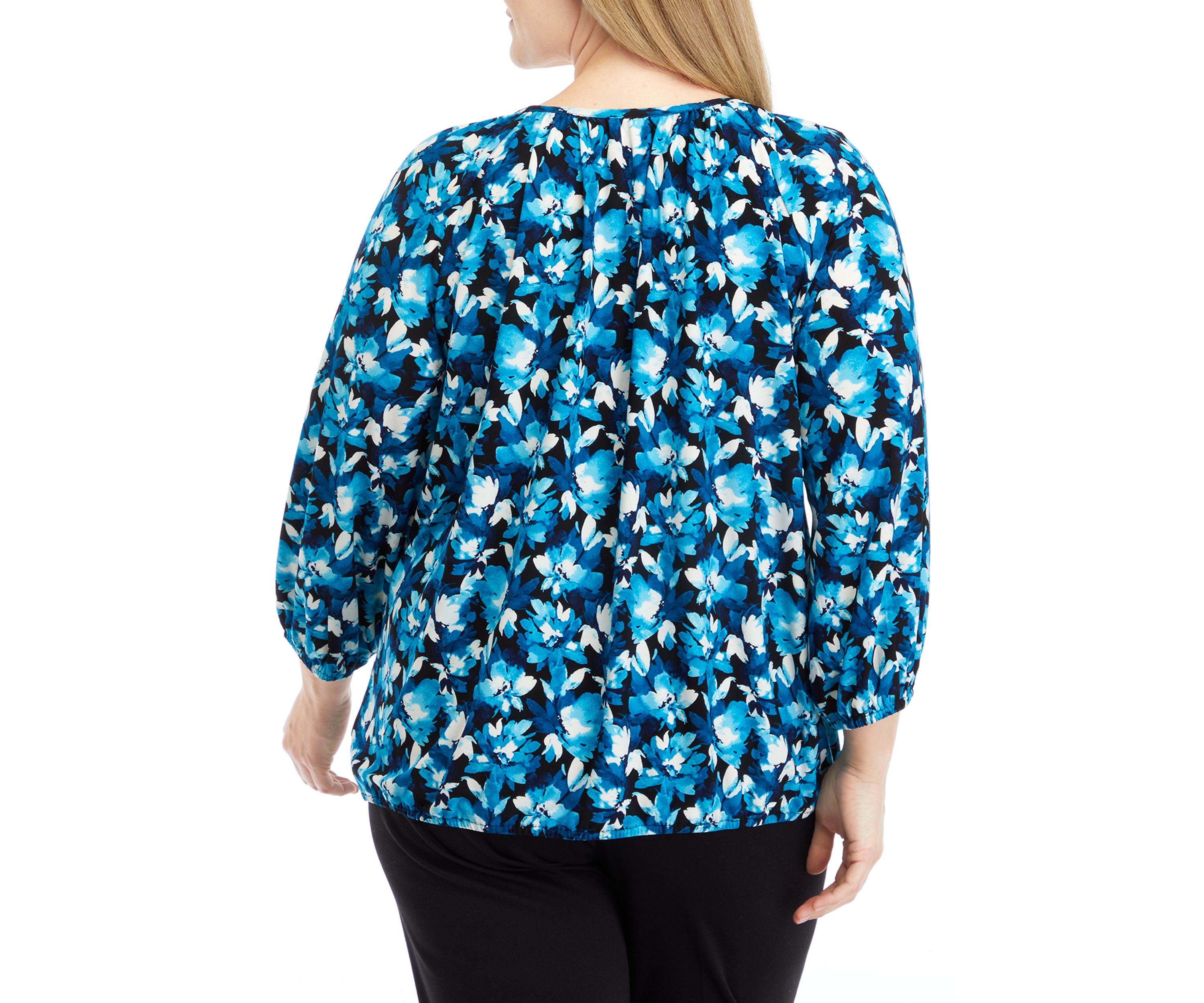 Plus Size Printed 3/4 Sleeve Shirred Peasant Top with Elastic Hem