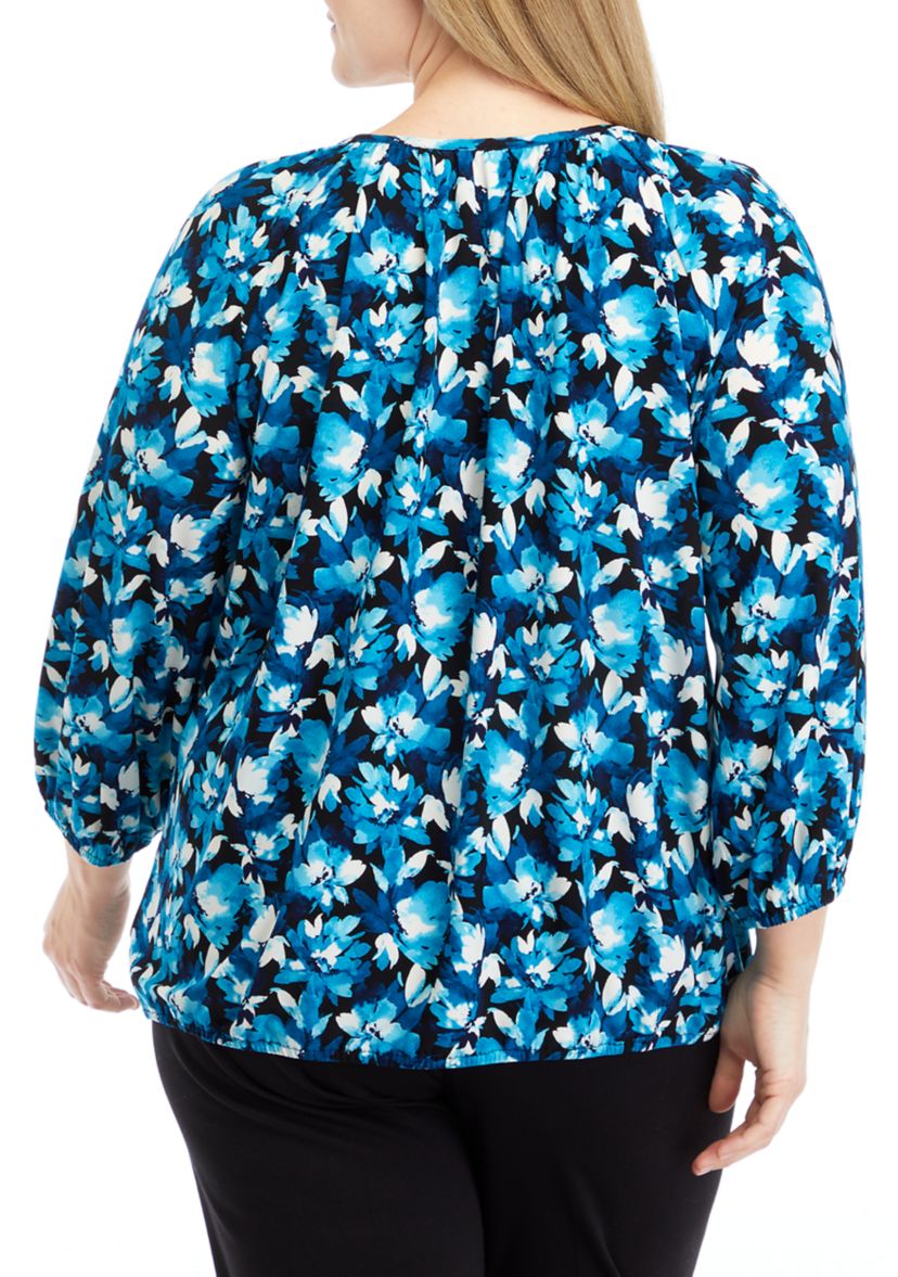 Plus Size Printed 3/4 Sleeve Shirred Peasant Top with Elastic Hem