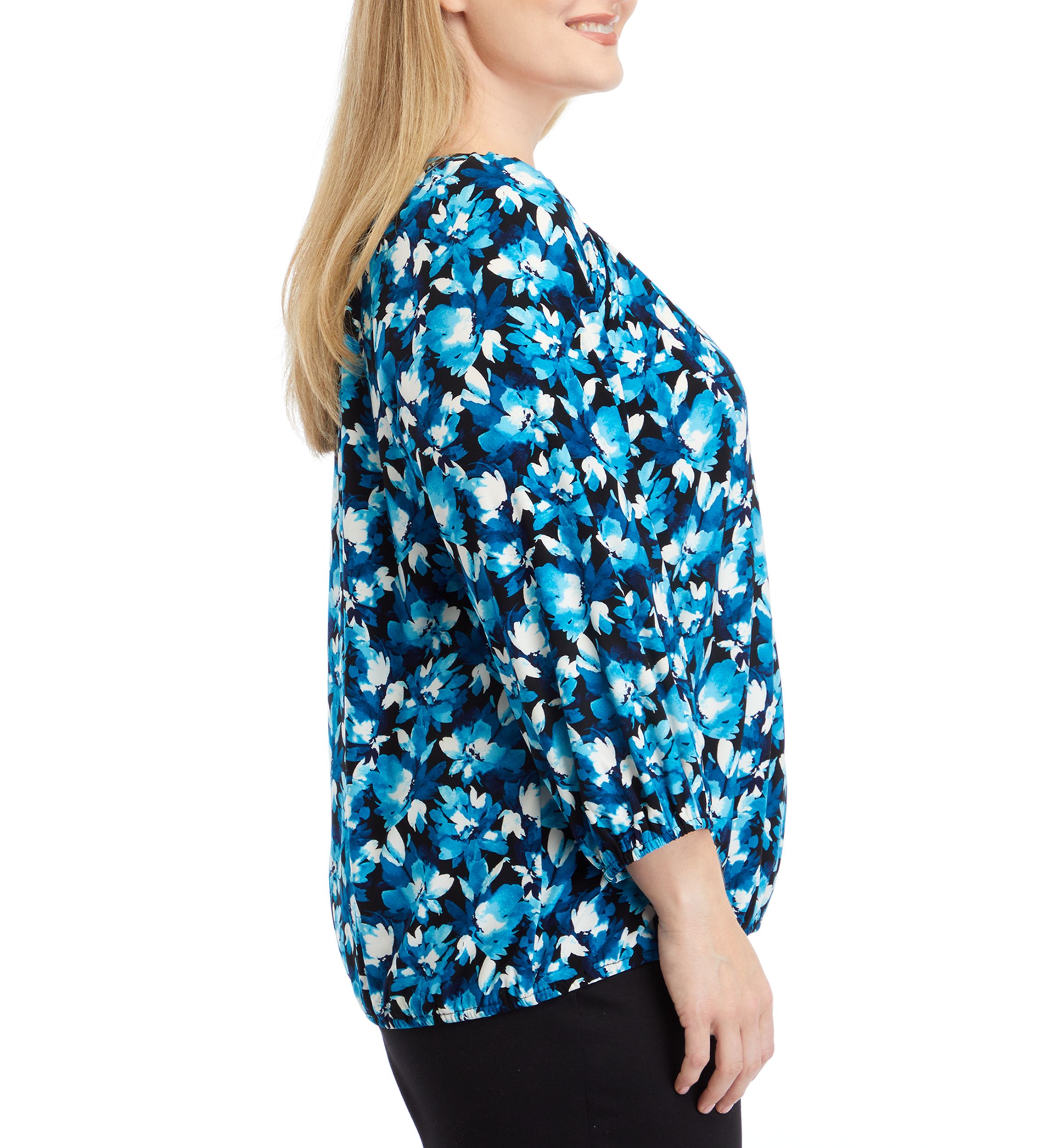 Plus Size Printed 3/4 Sleeve Shirred Peasant Top with Elastic Hem