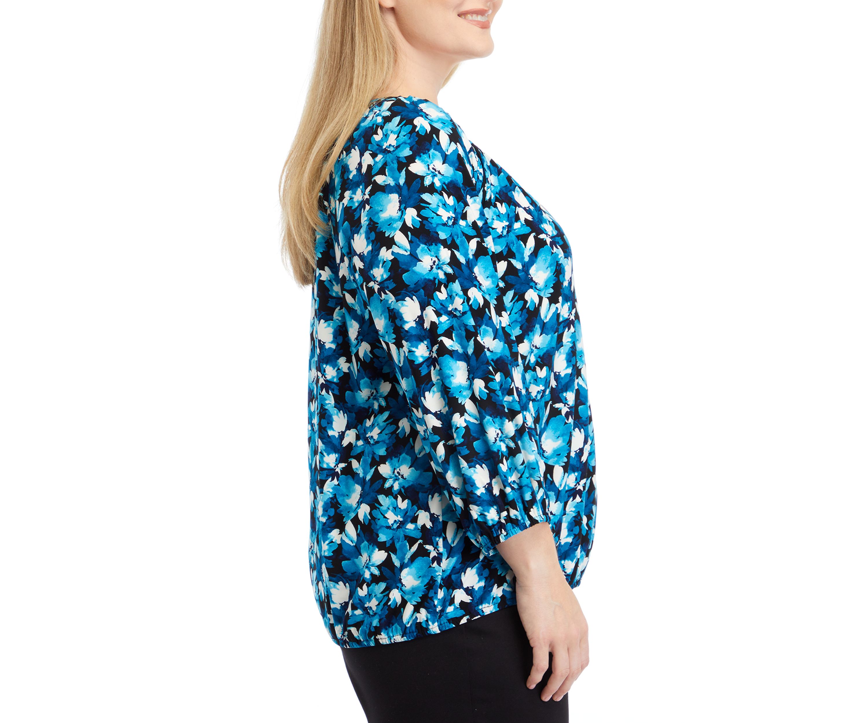 Plus Size Printed 3/4 Sleeve Shirred Peasant Top with Elastic Hem