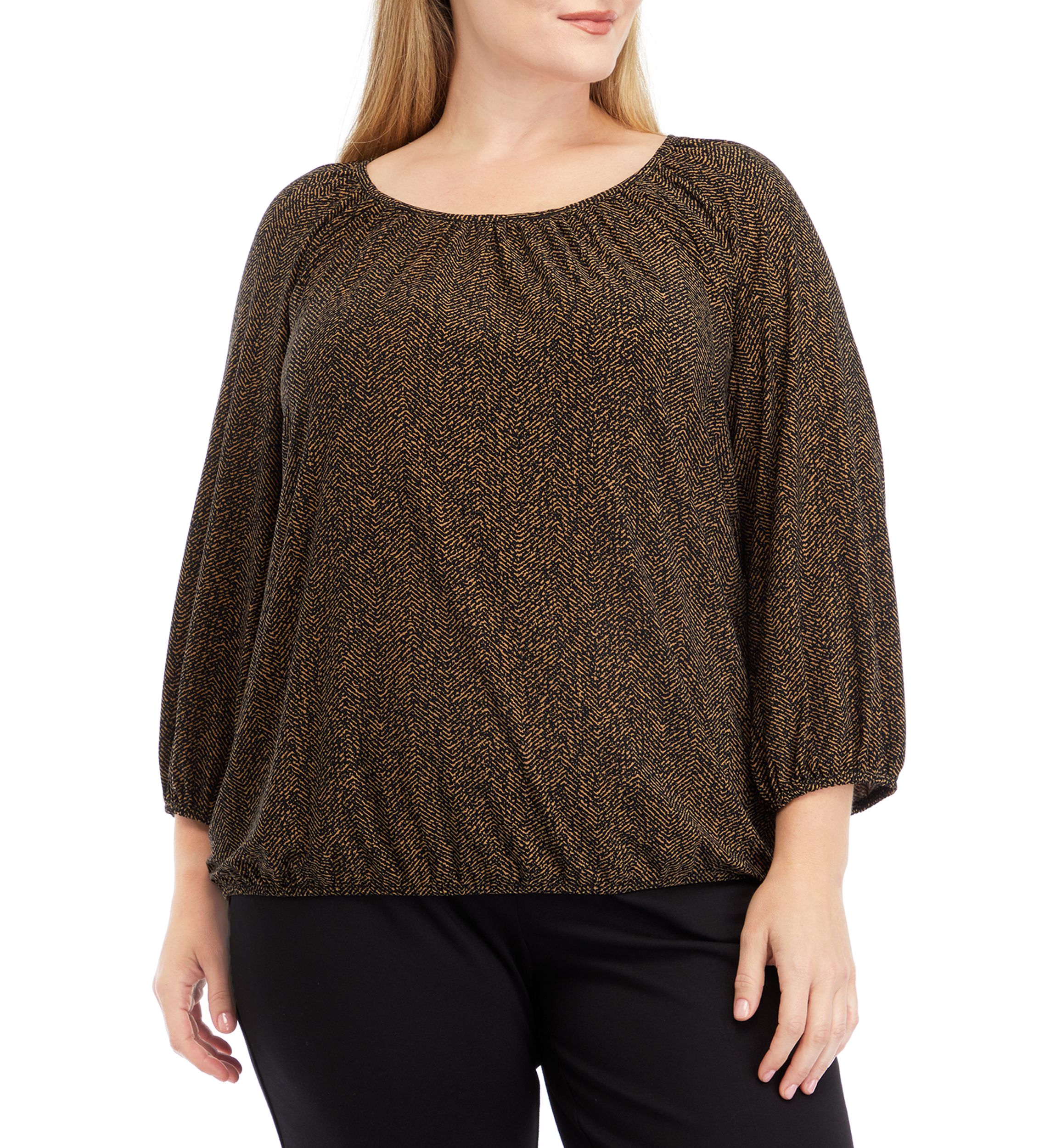   Plus Size Printed 3/4 Sleeve Shirred Peasant Top with Elastic Hem