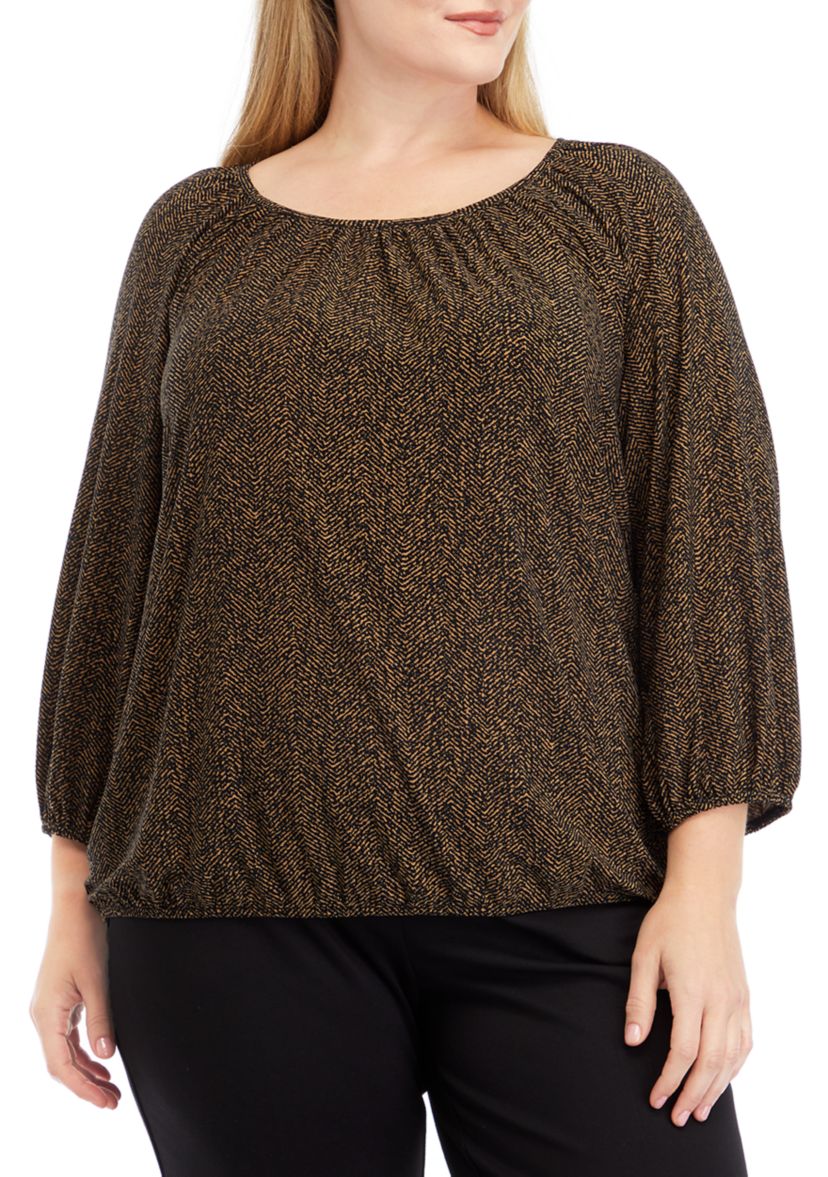   Plus Size Printed 3/4 Sleeve Shirred Peasant Top with Elastic Hem