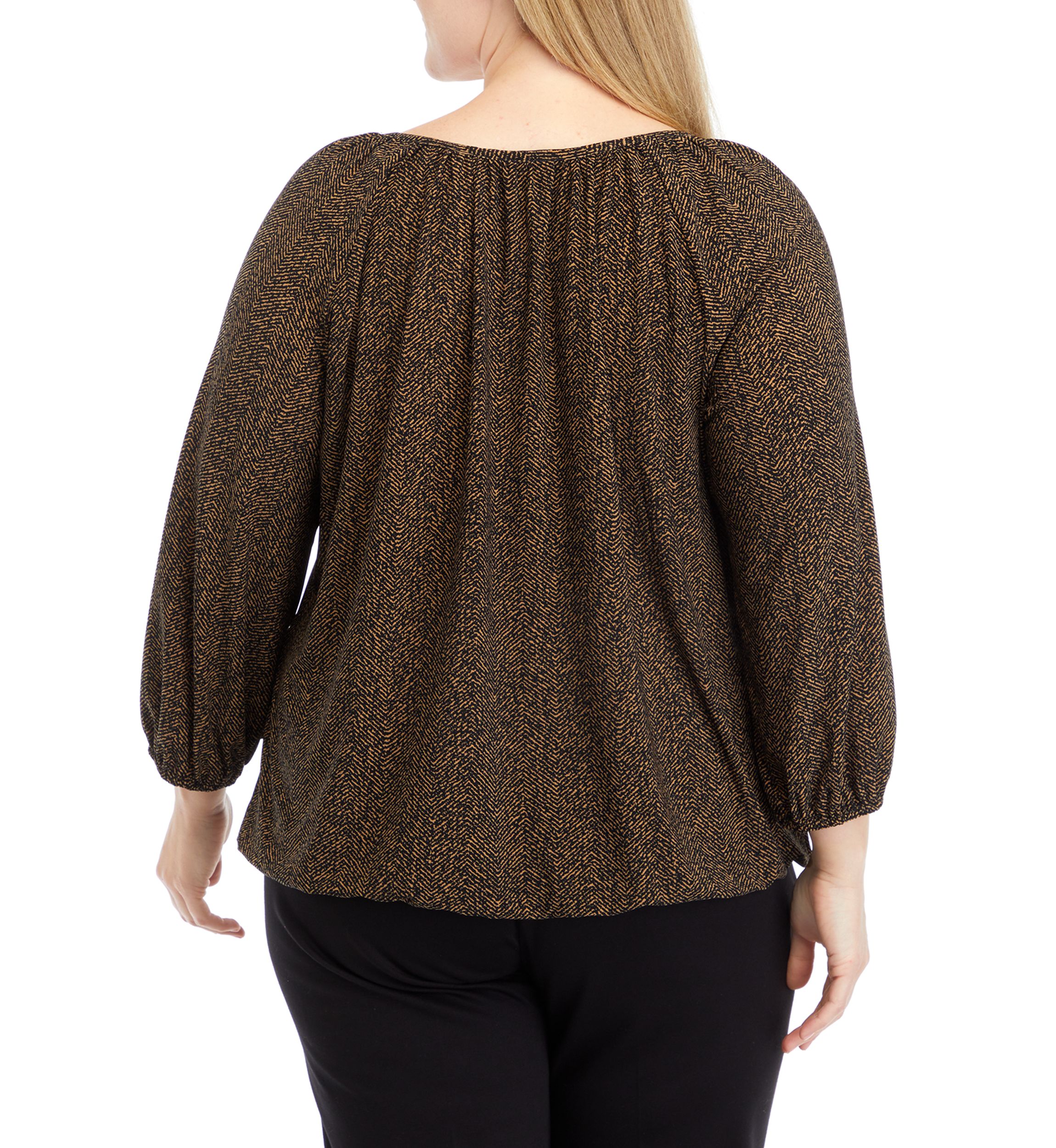   Plus Size Printed 3/4 Sleeve Shirred Peasant Top with Elastic Hem