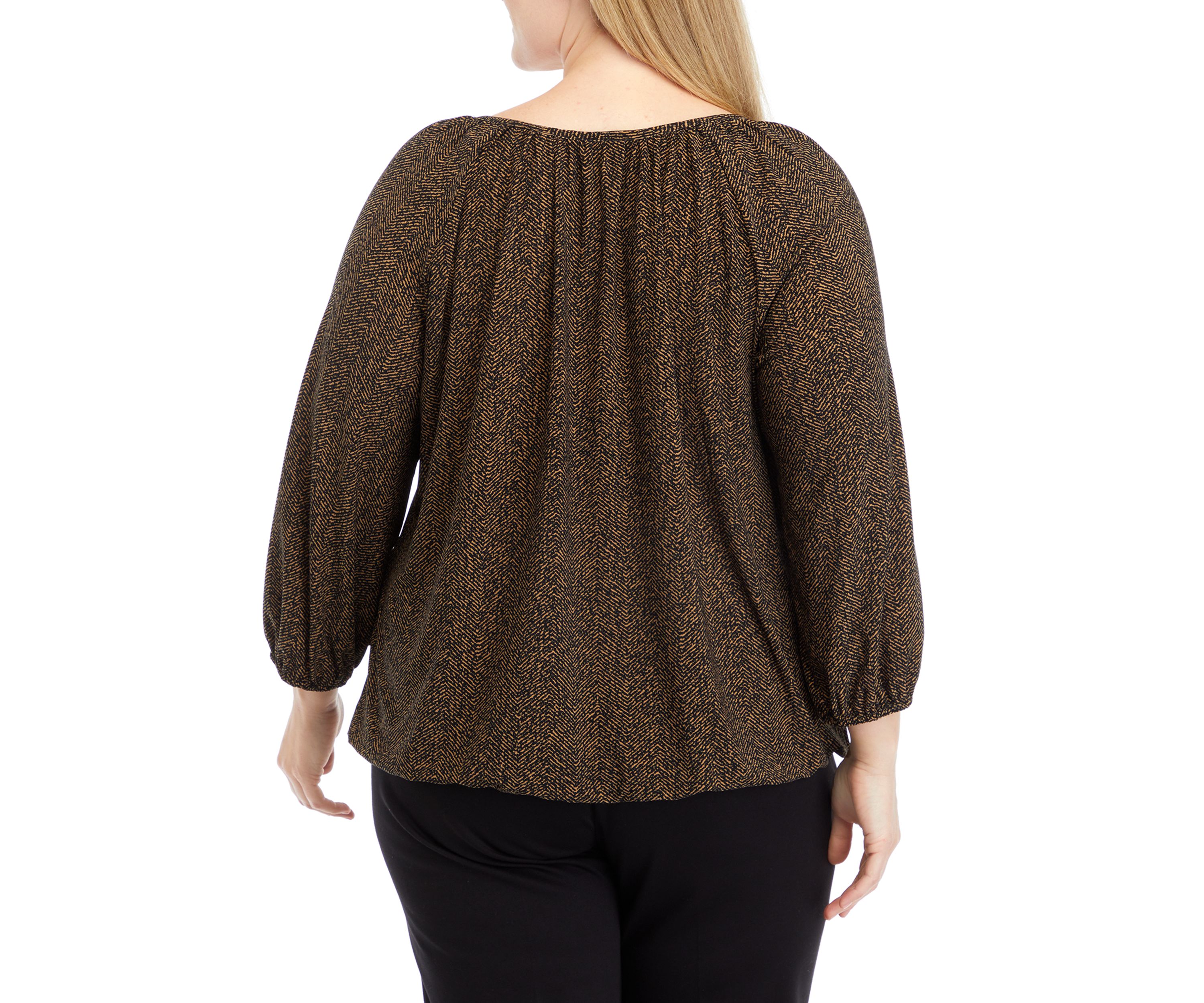   Plus Size Printed 3/4 Sleeve Shirred Peasant Top with Elastic Hem
