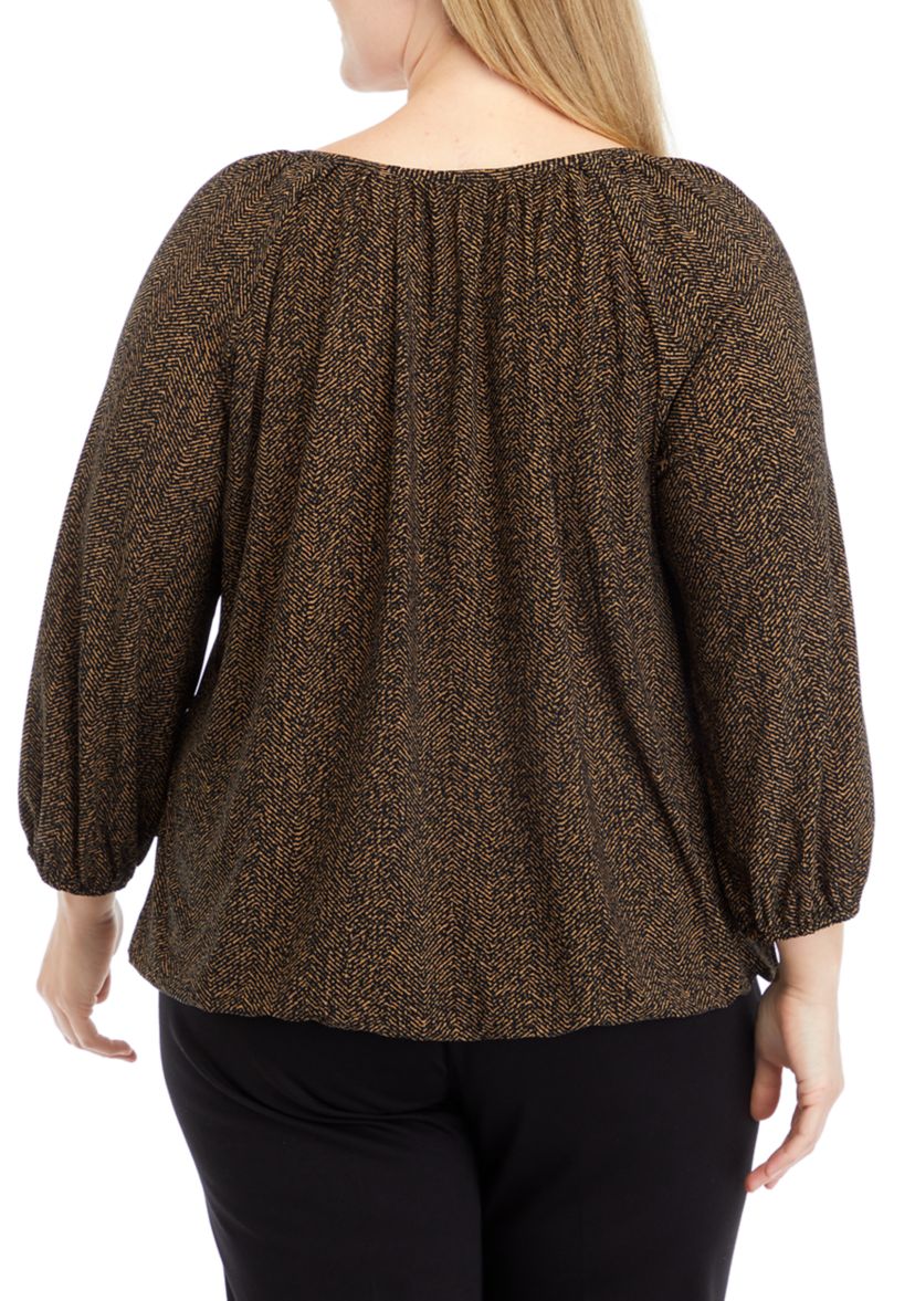   Plus Size Printed 3/4 Sleeve Shirred Peasant Top with Elastic Hem