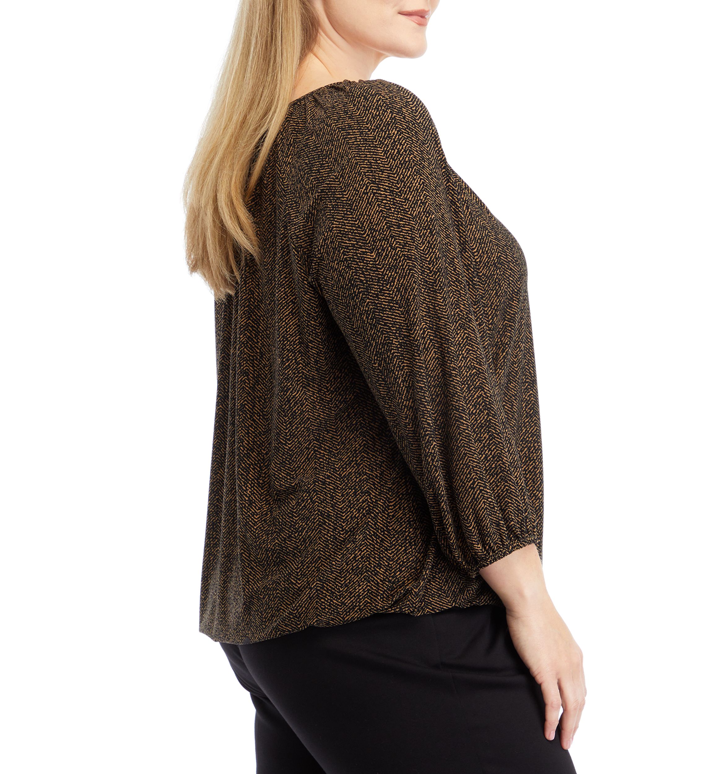   Plus Size Printed 3/4 Sleeve Shirred Peasant Top with Elastic Hem
