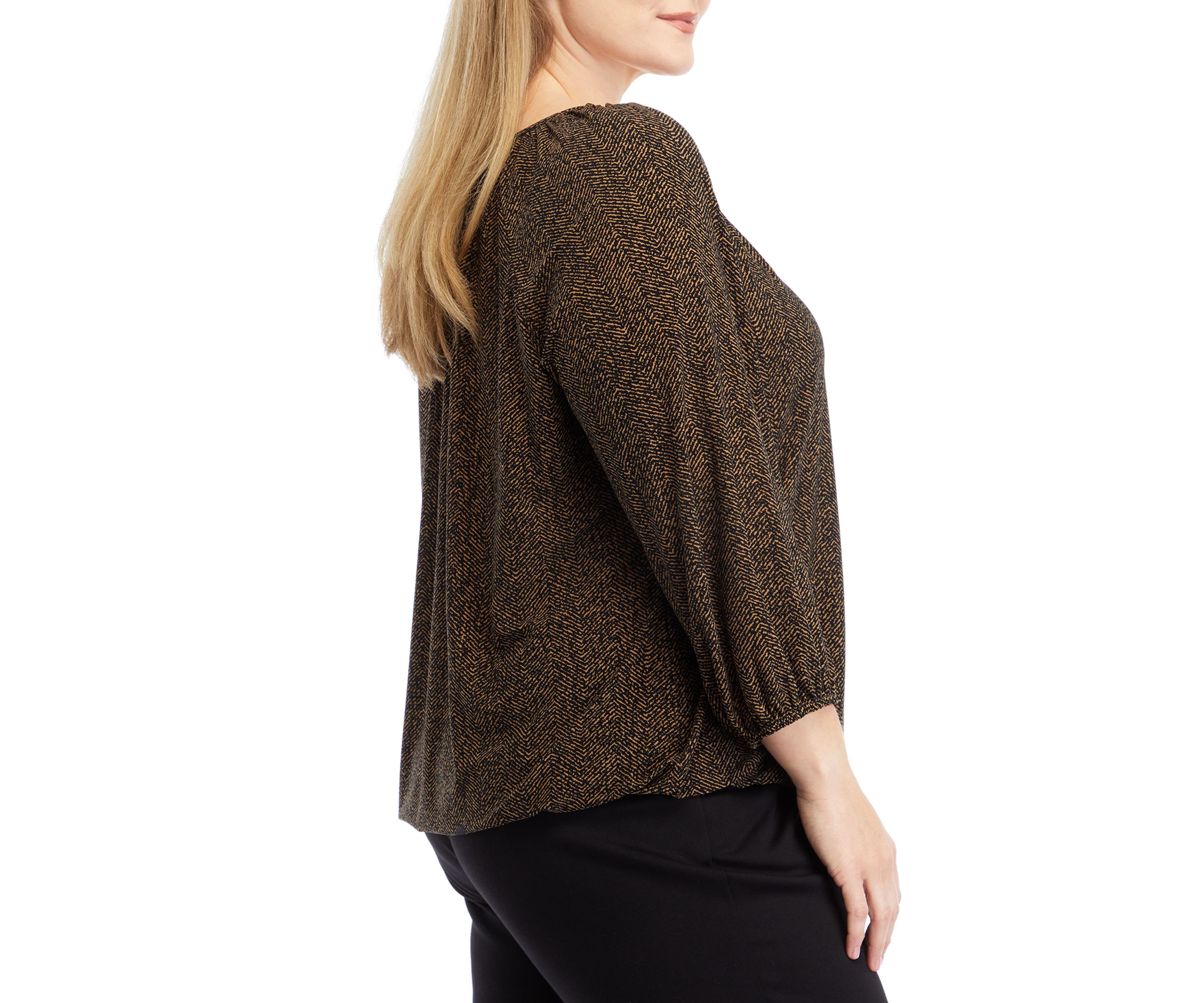   Plus Size Printed 3/4 Sleeve Shirred Peasant Top with Elastic Hem