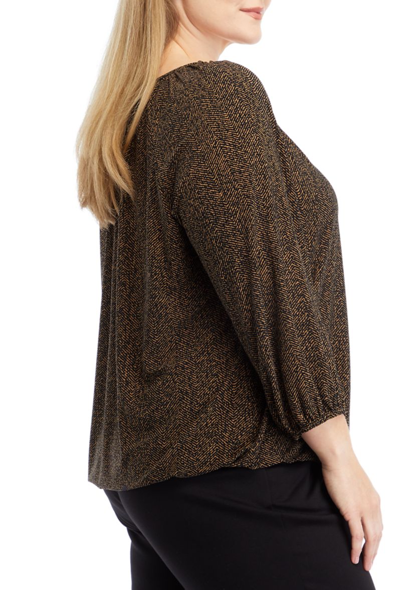   Plus Size Printed 3/4 Sleeve Shirred Peasant Top with Elastic Hem