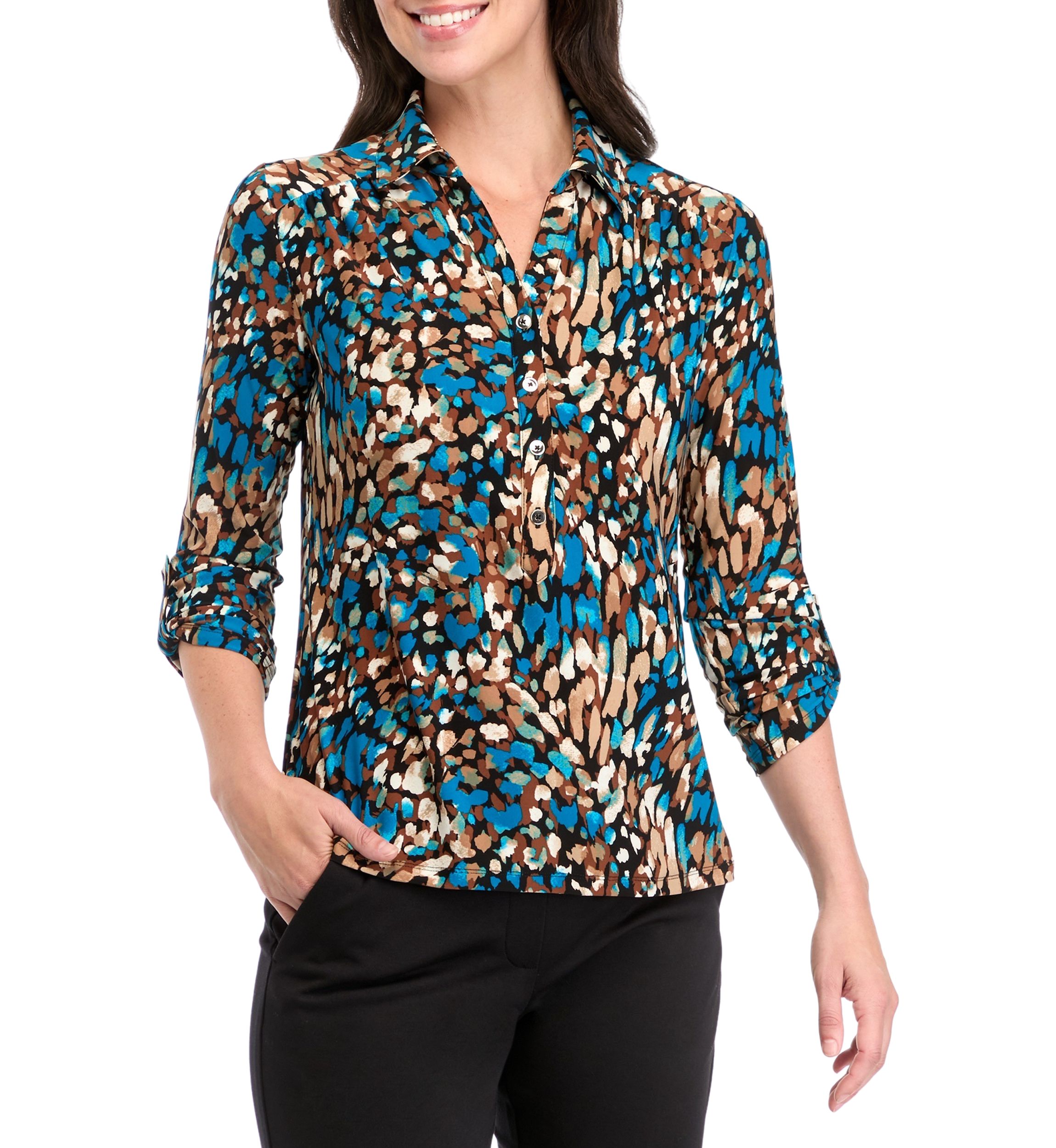   Womens Long Roll Tab Sleeve Collared Printed Button-Down Top 