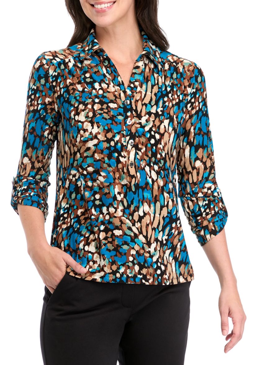   Womens Long Roll Tab Sleeve Collared Printed Button-Down Top 