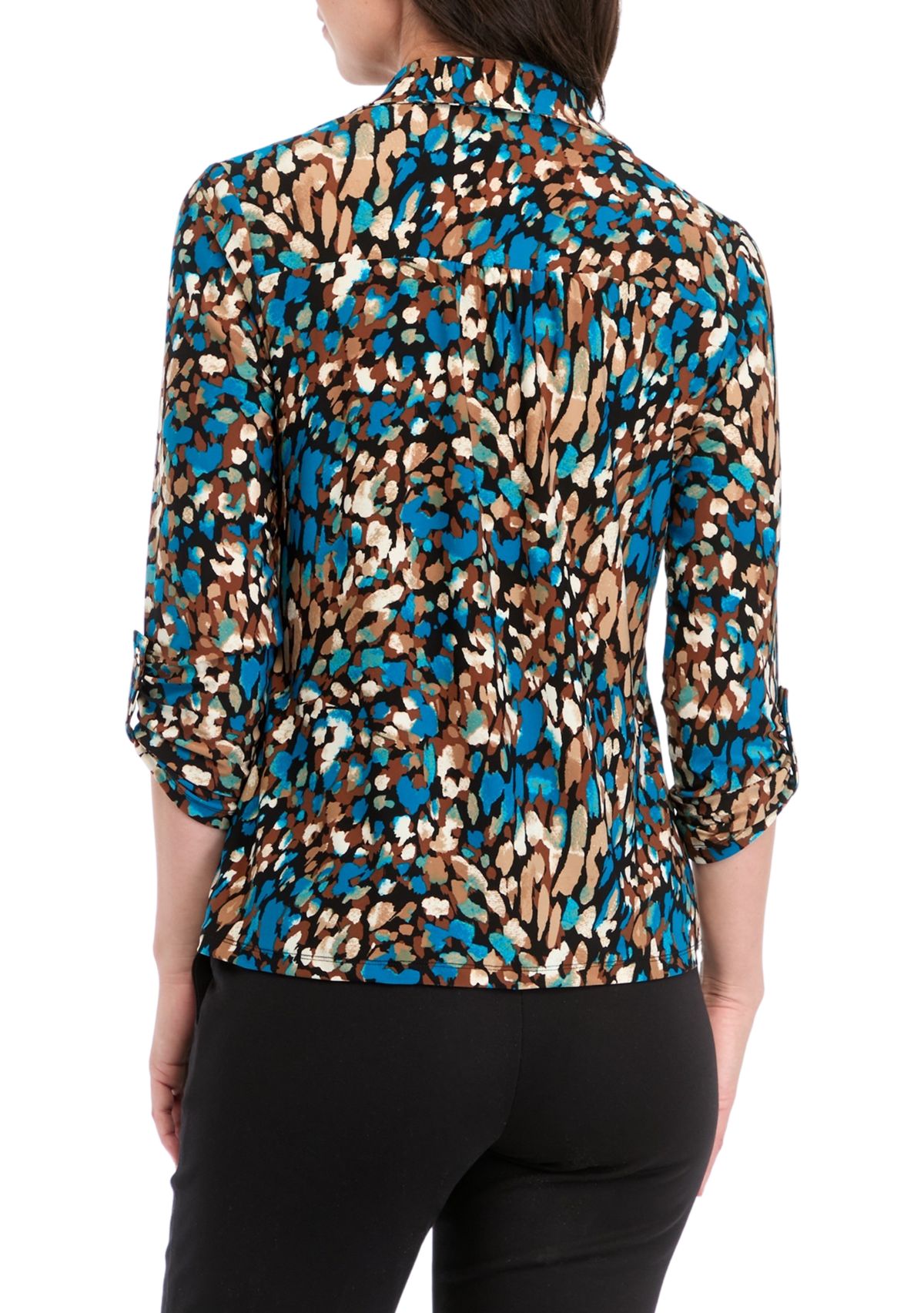   Womens Long Roll Tab Sleeve Collared Printed Button-Down Top 