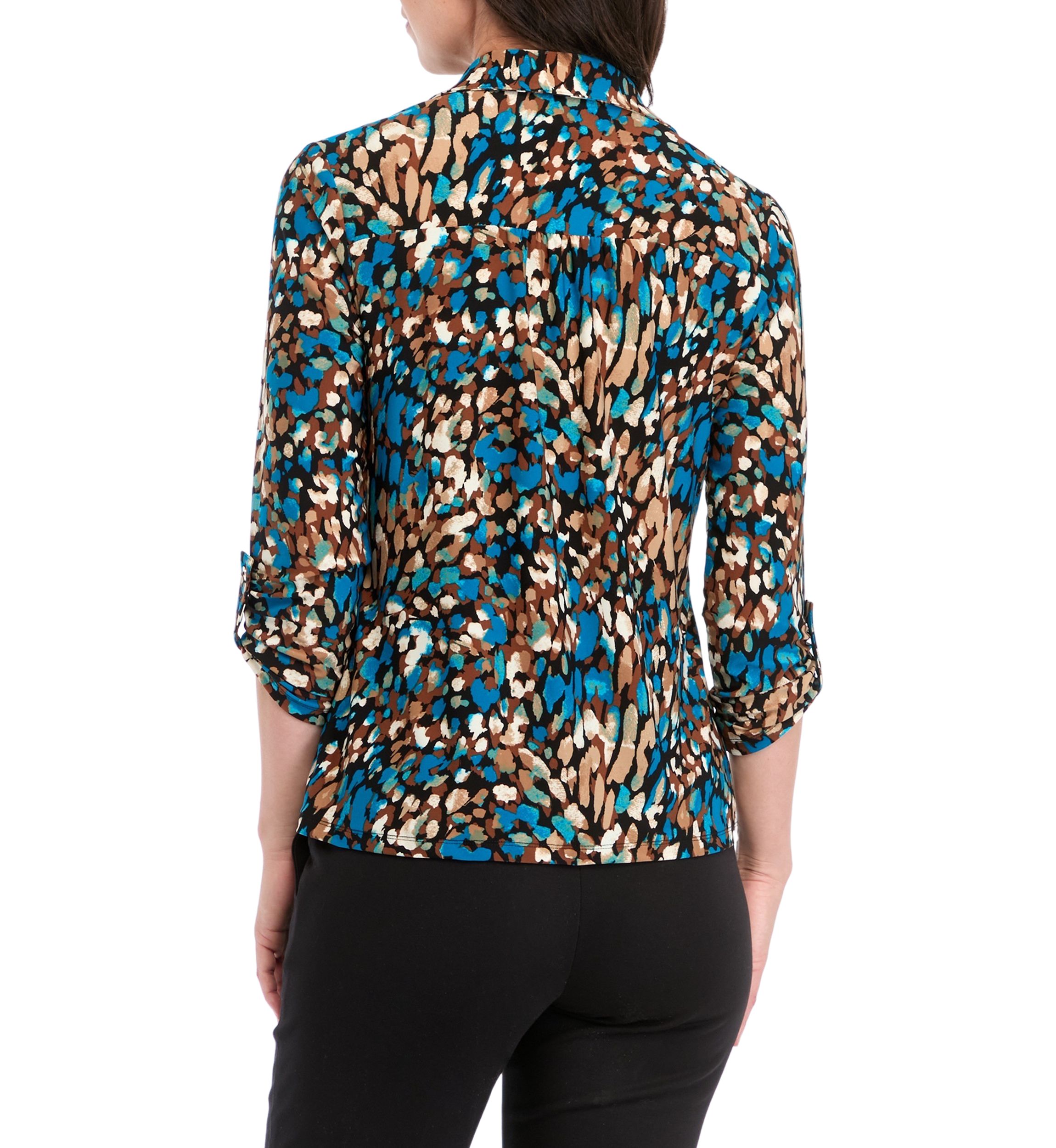   Womens Long Roll Tab Sleeve Collared Printed Button-Down Top 