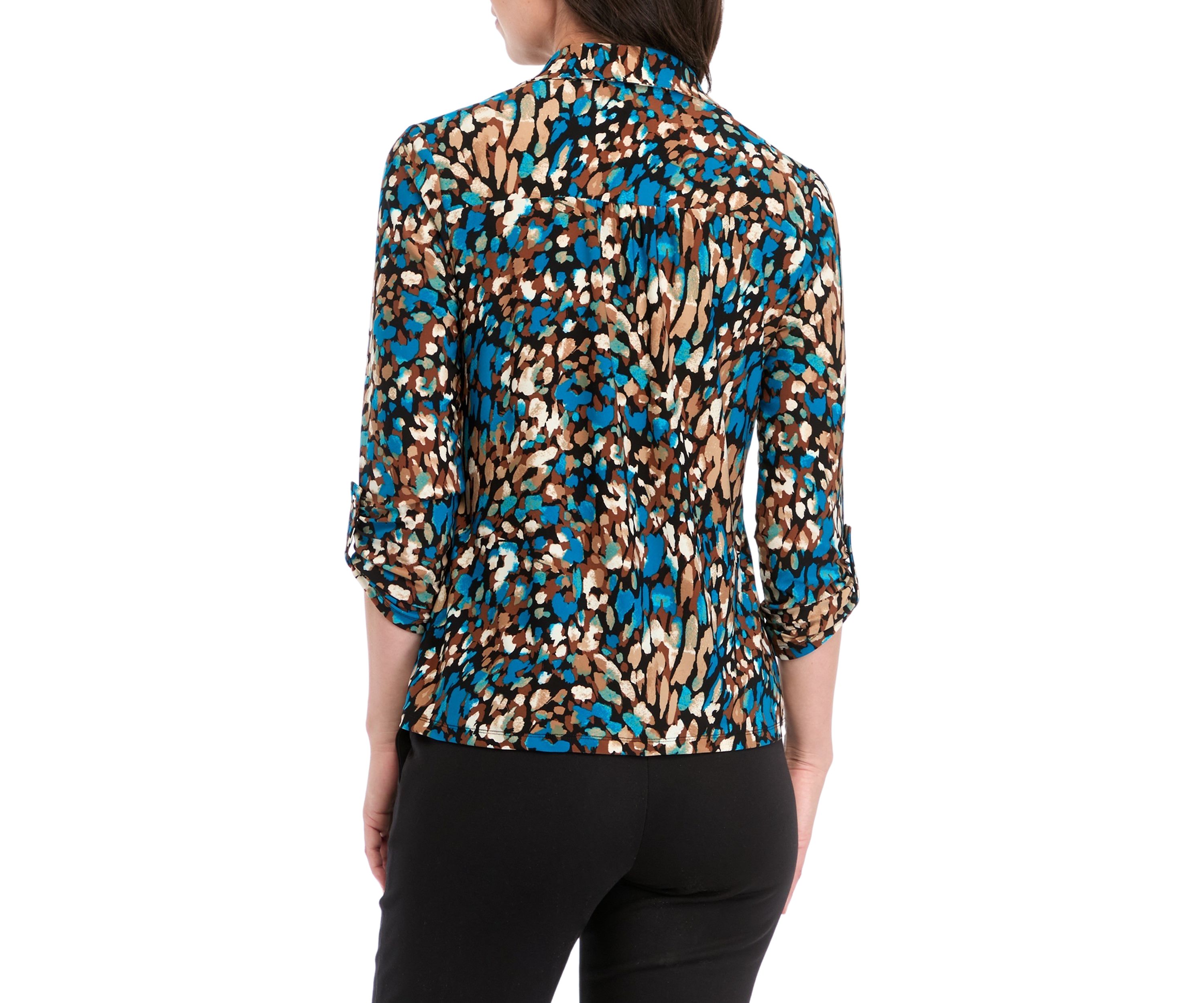   Womens Long Roll Tab Sleeve Collared Printed Button-Down Top 