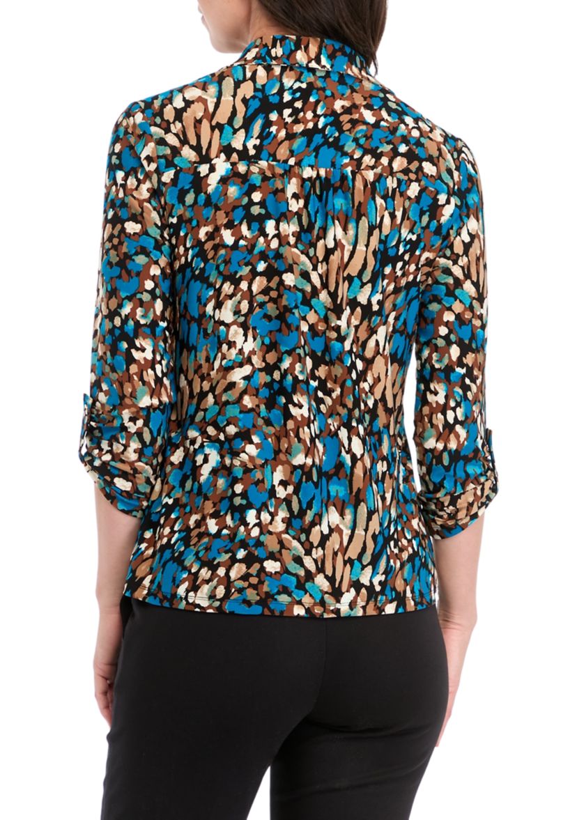   Womens Long Roll Tab Sleeve Collared Printed Button-Down Top 