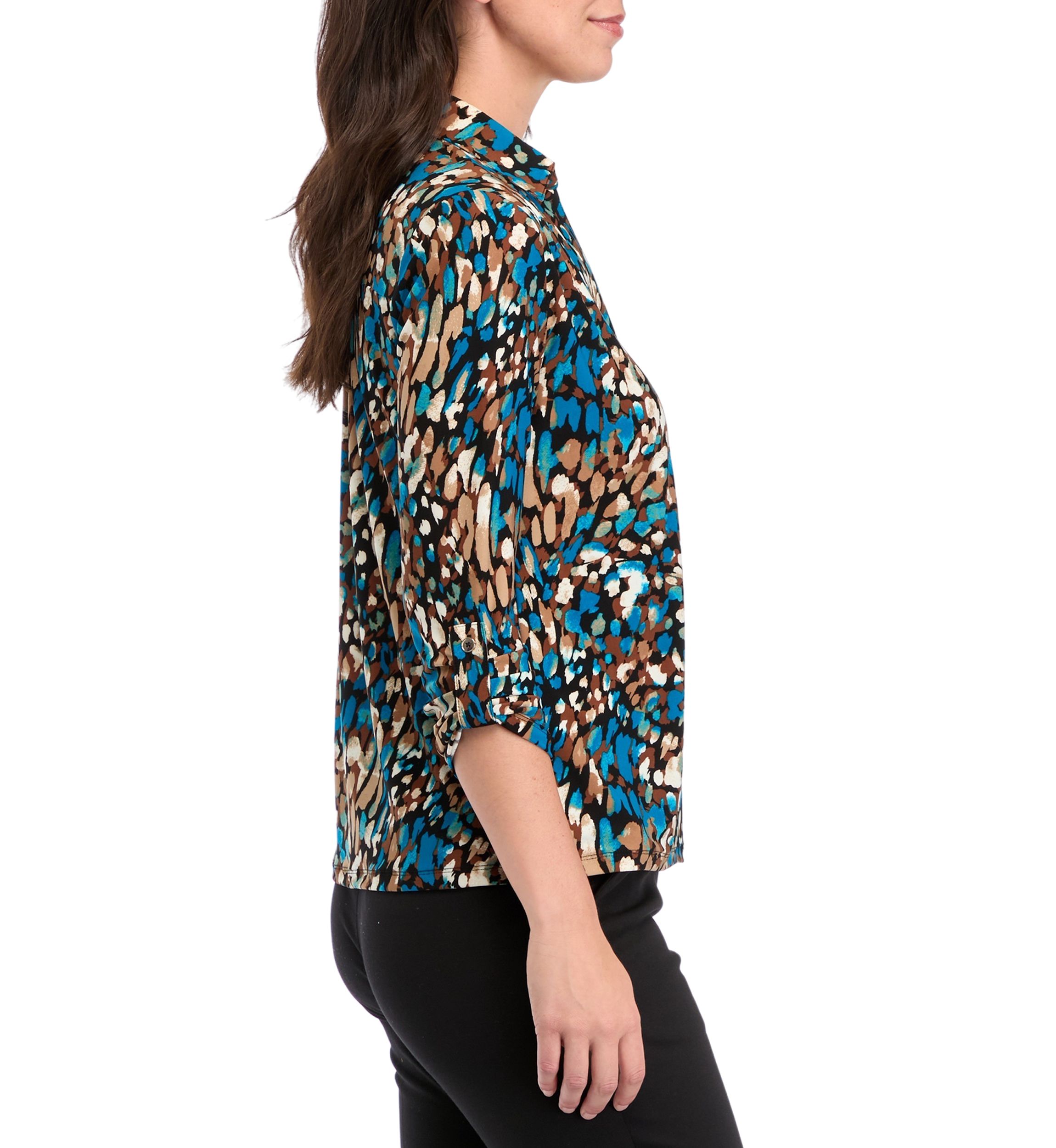   Womens Long Roll Tab Sleeve Collared Printed Button-Down Top 