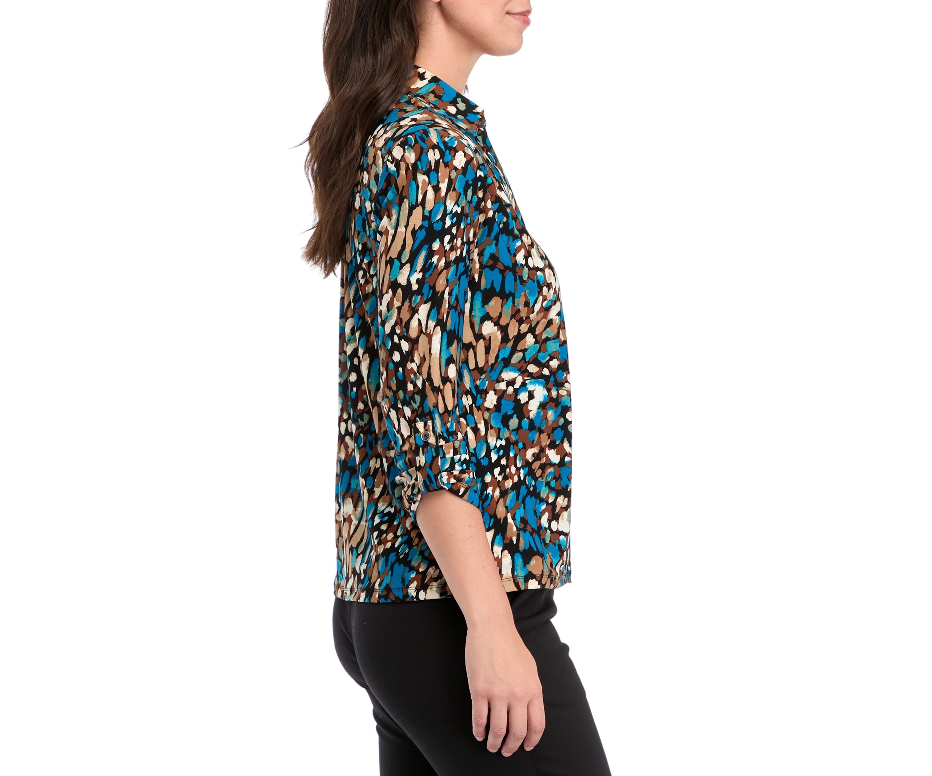   Womens Long Roll Tab Sleeve Collared Printed Button-Down Top 