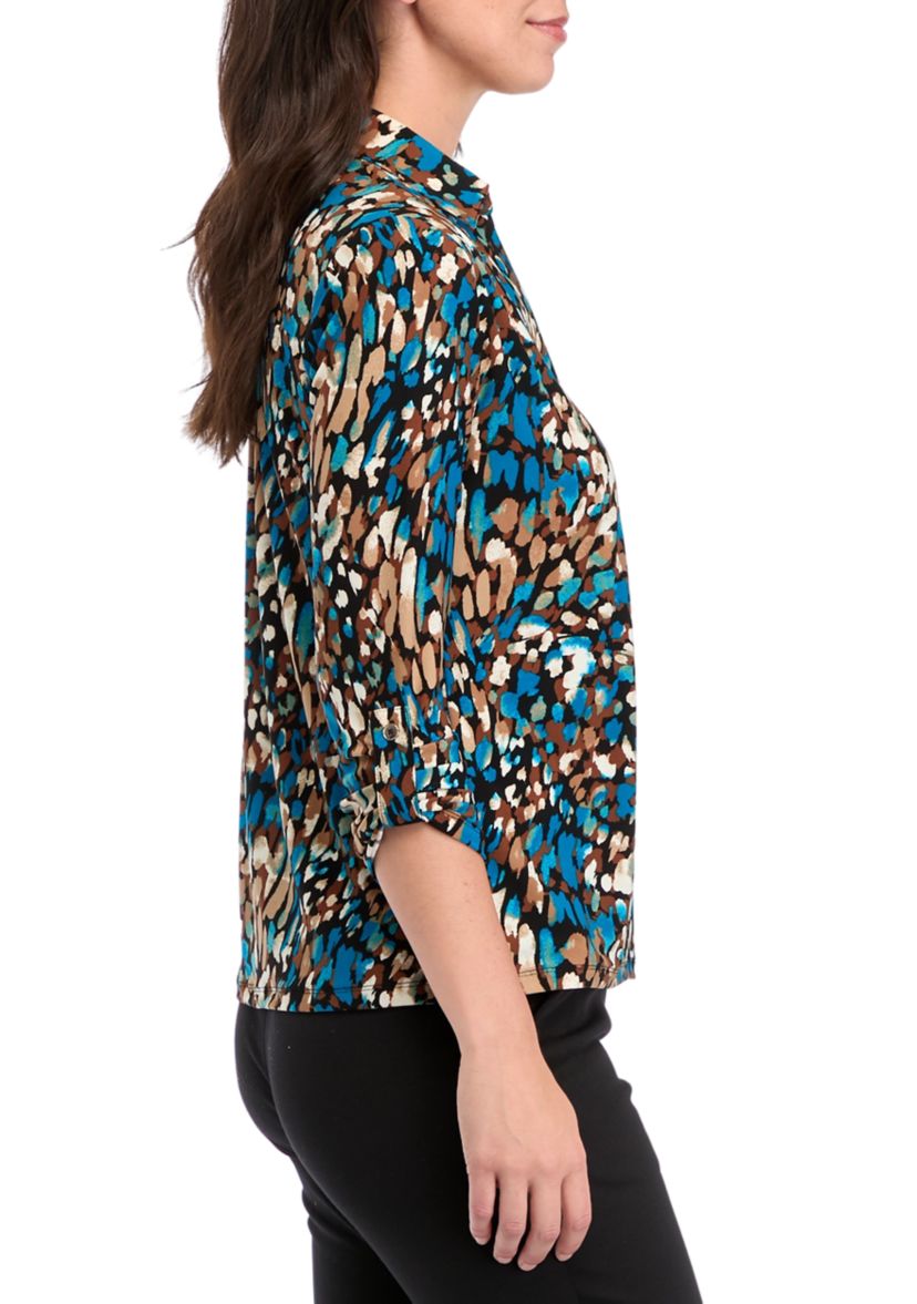   Womens Long Roll Tab Sleeve Collared Printed Button-Down Top 
