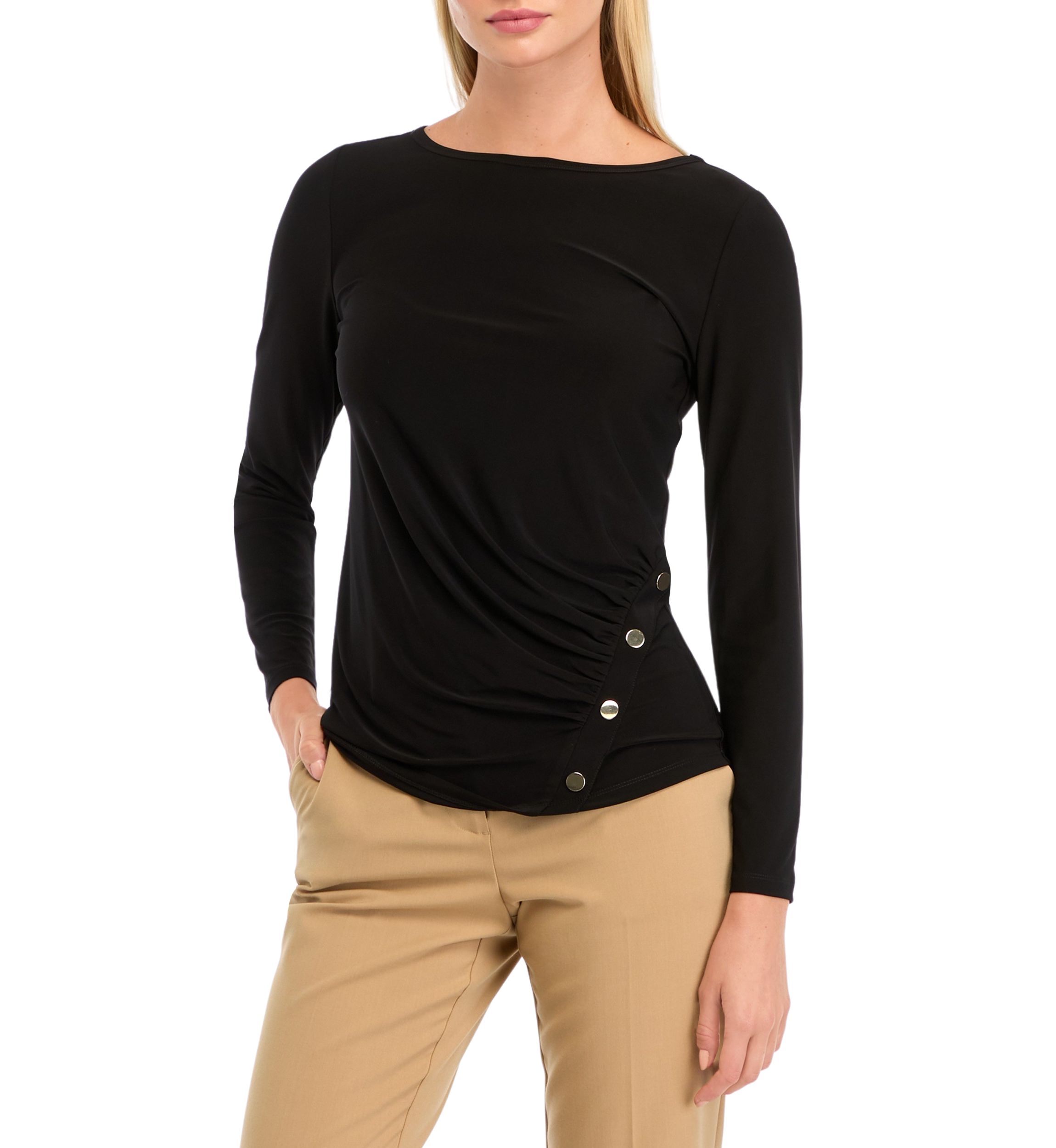 Petite Long Sleeve Front Ruched Top with Rivets 