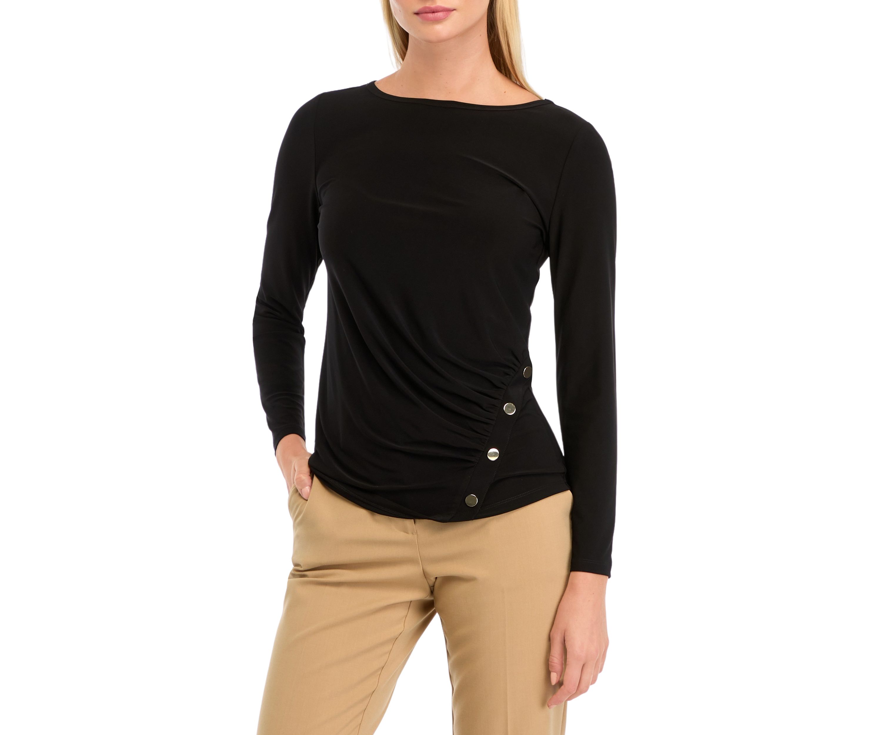 Petite Long Sleeve Front Ruched Top with Rivets 