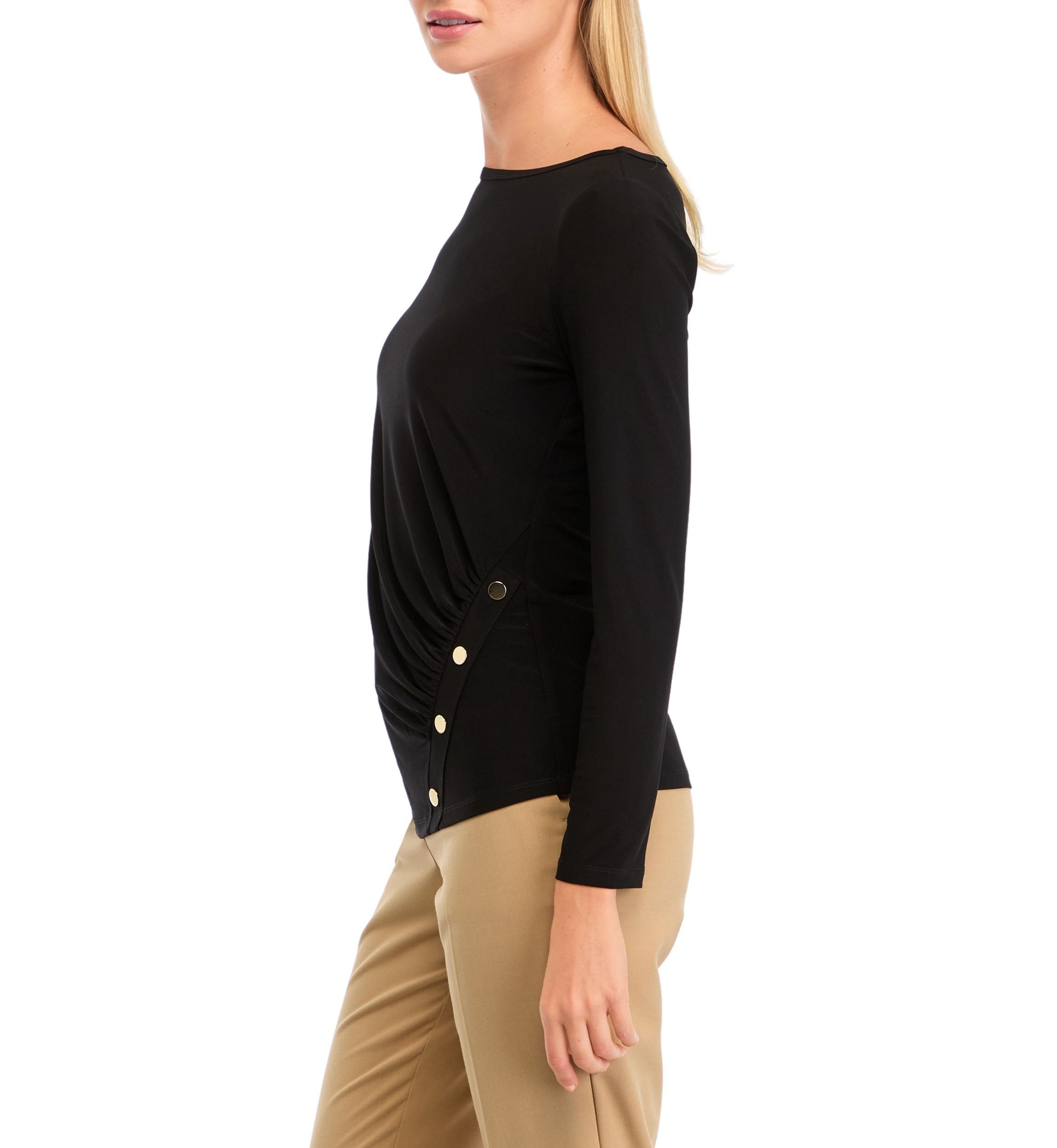 Petite Long Sleeve Front Ruched Top with Rivets 
