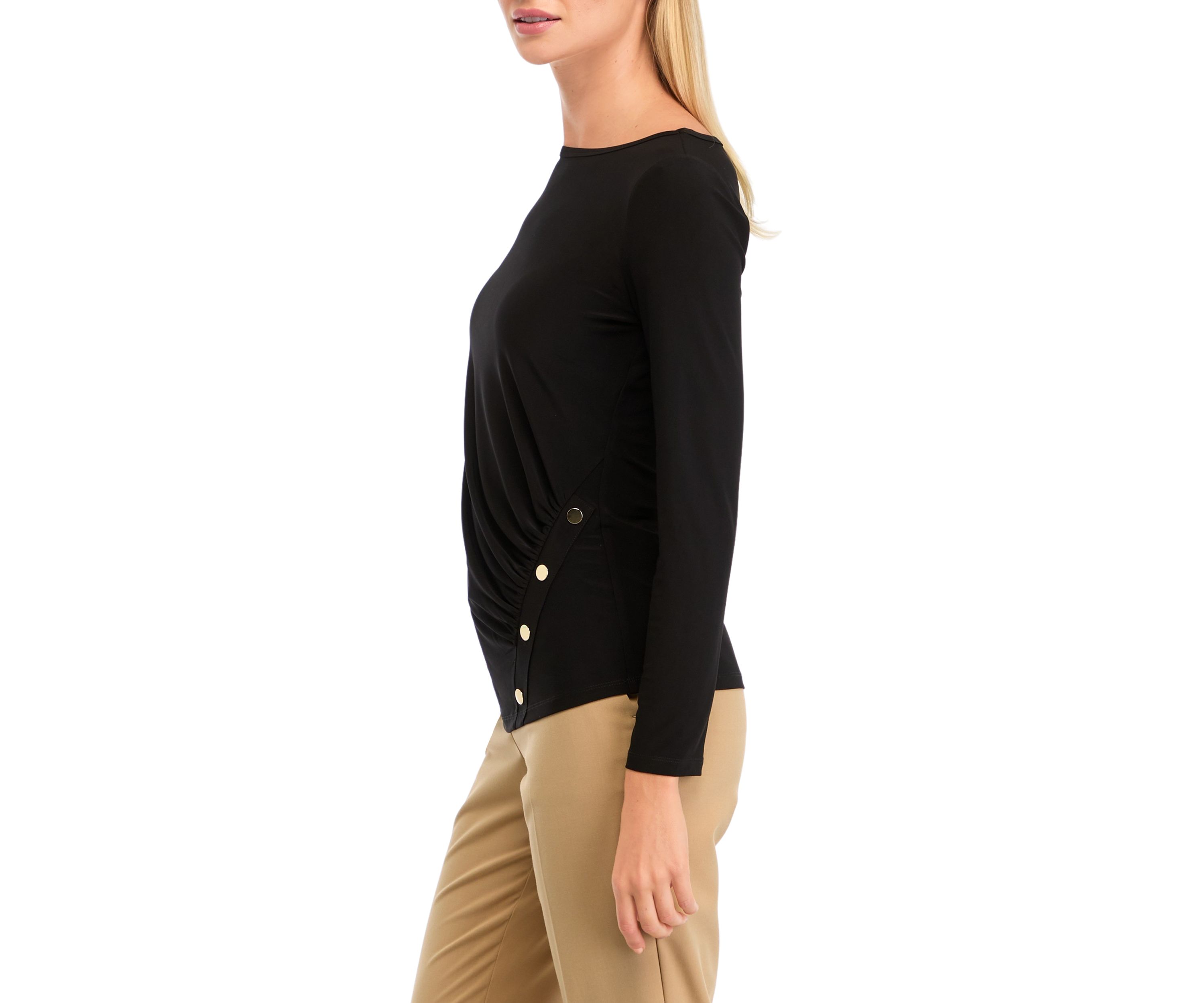 Petite Long Sleeve Front Ruched Top with Rivets 