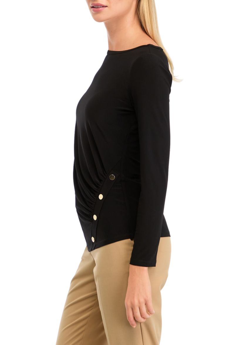 Petite Long Sleeve Front Ruched Top with Rivets 
