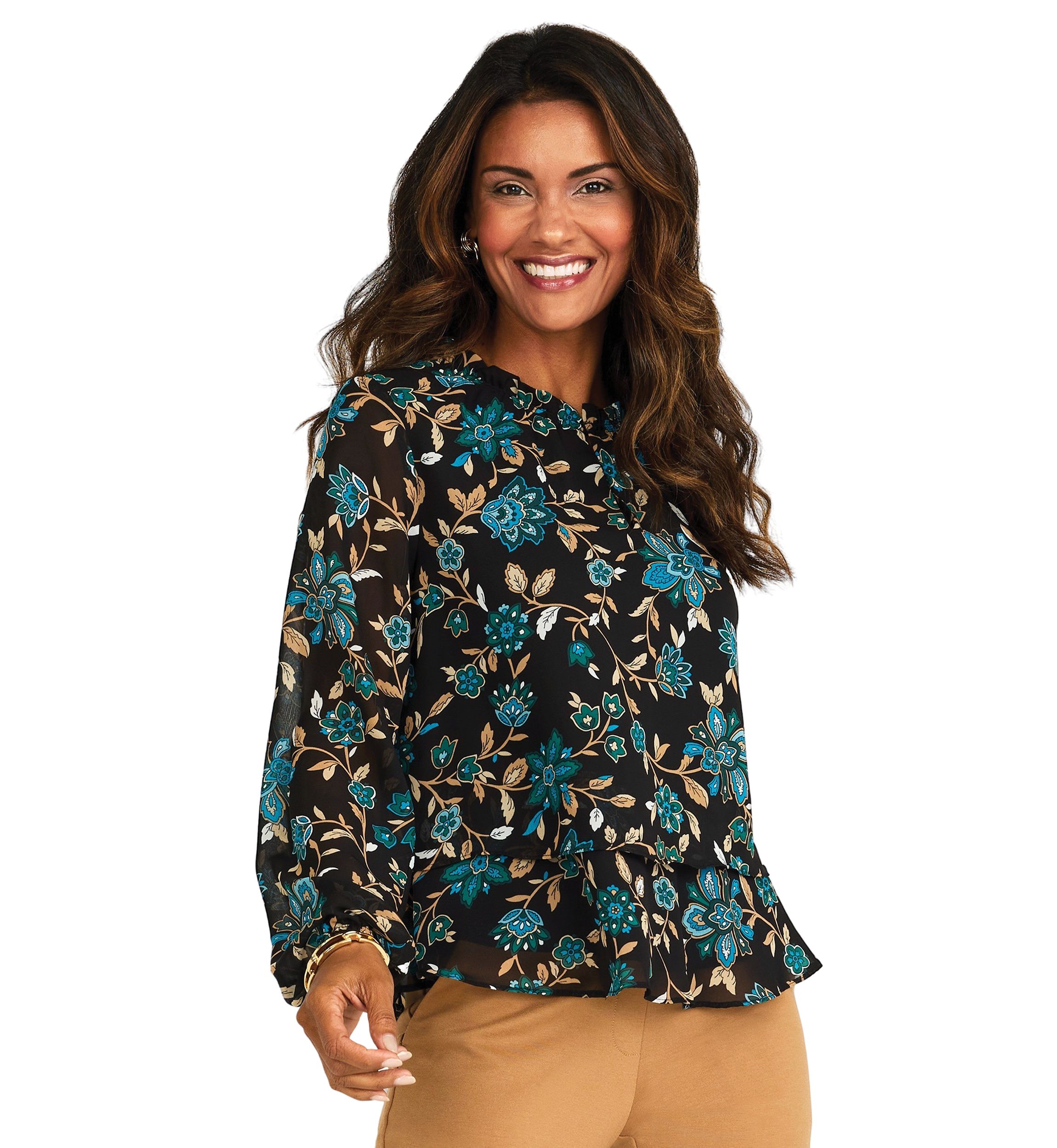 Petite Long Sleeve 2 Tier Ruffle Neck Blouse
