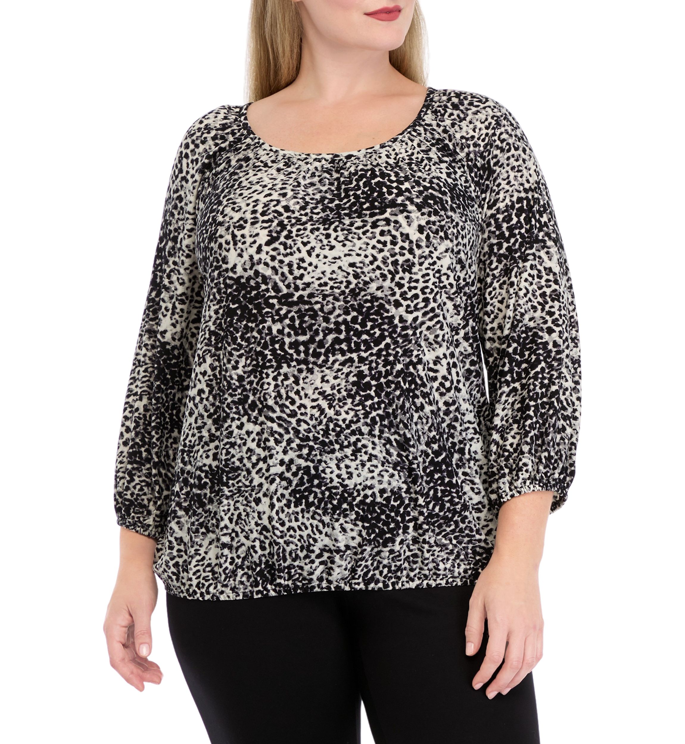   Plus Size Printed 2/4 Sleeve Shirred Peasant Top with Elastic Hem 