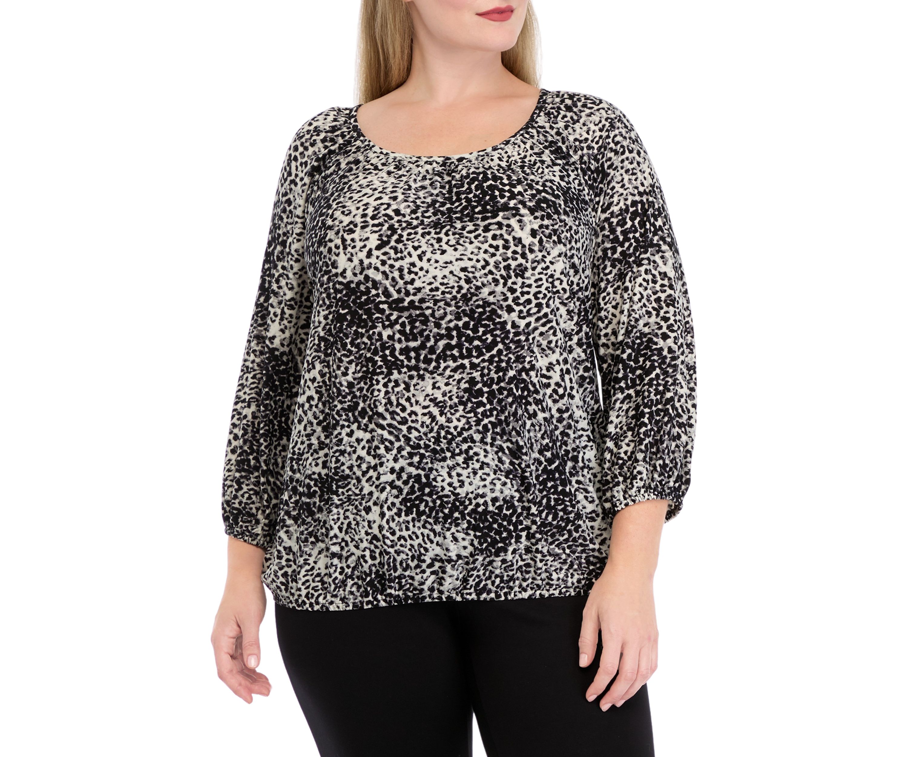   Plus Size Printed 2/4 Sleeve Shirred Peasant Top with Elastic Hem 