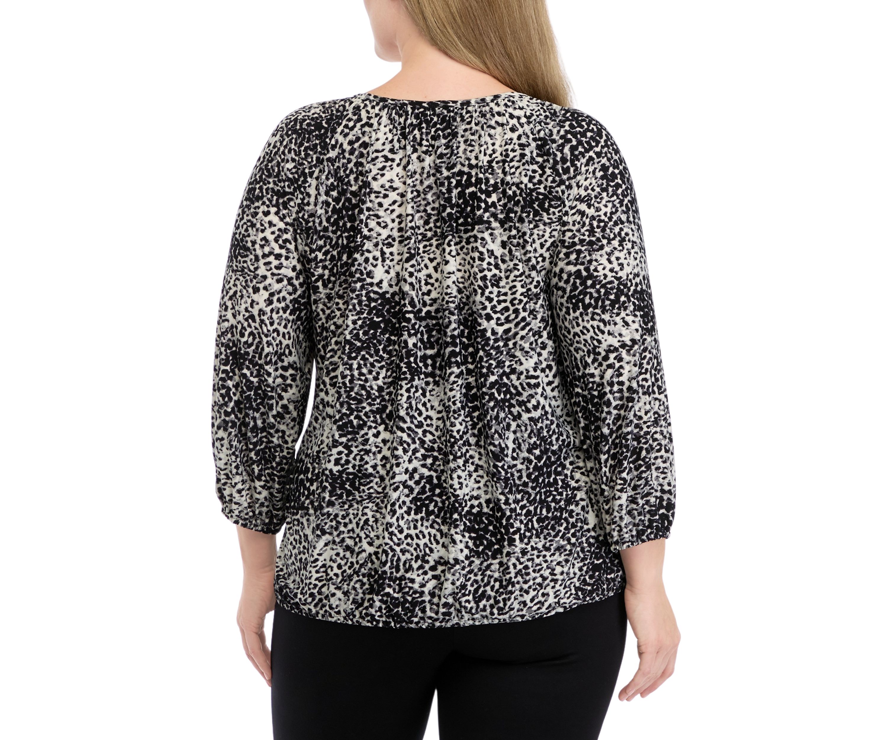   Plus Size Printed 2/4 Sleeve Shirred Peasant Top with Elastic Hem 