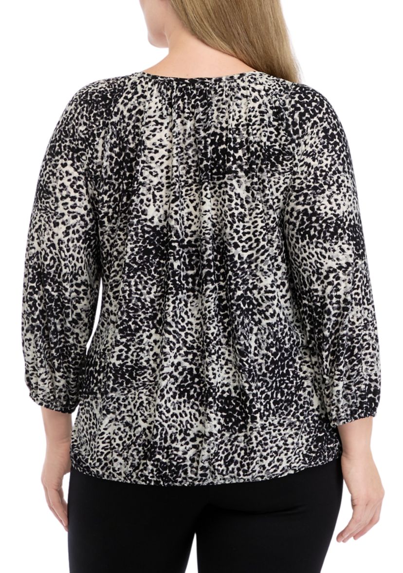   Plus Size Printed 2/4 Sleeve Shirred Peasant Top with Elastic Hem 