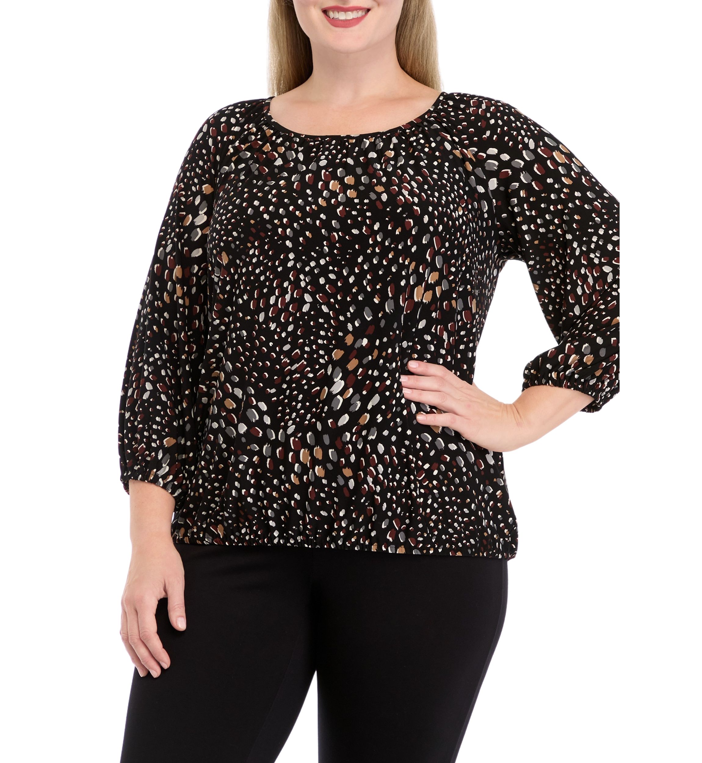 Plus Size Printed 2/4 Sleeve Shirred Peasant Top with Elastic Hem
