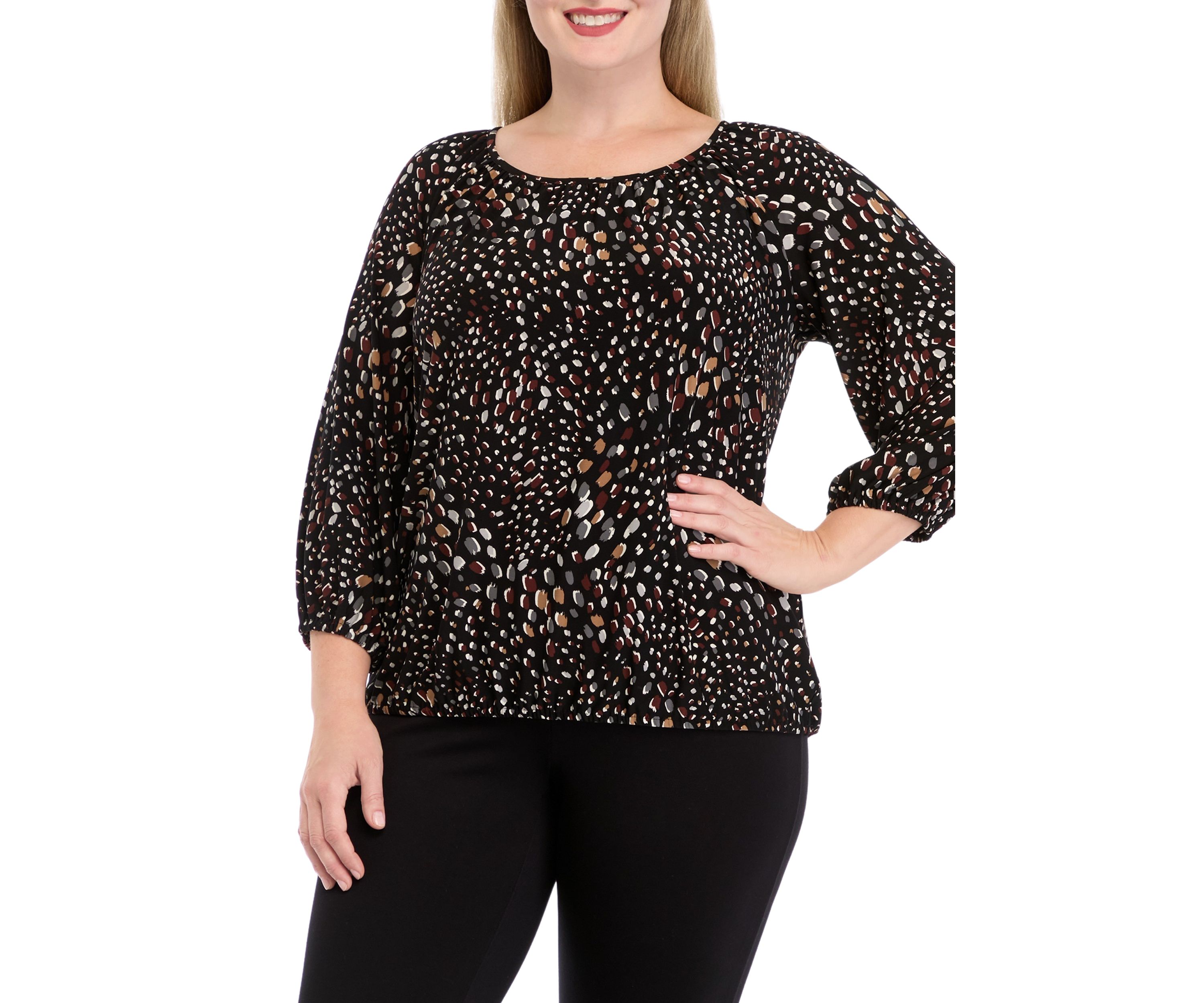 Plus Size Printed 2/4 Sleeve Shirred Peasant Top with Elastic Hem