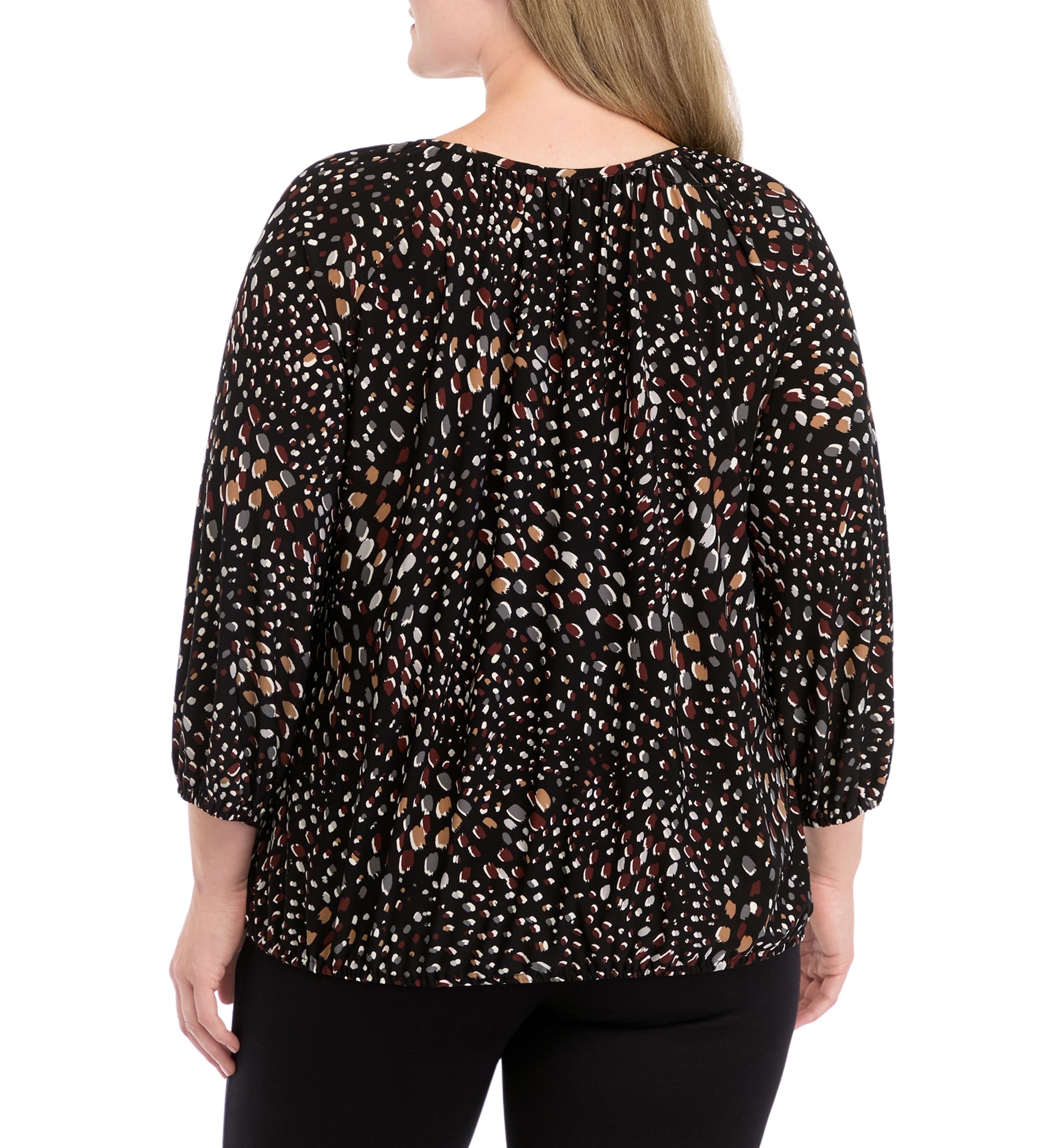 Plus Size Printed 2/4 Sleeve Shirred Peasant Top with Elastic Hem