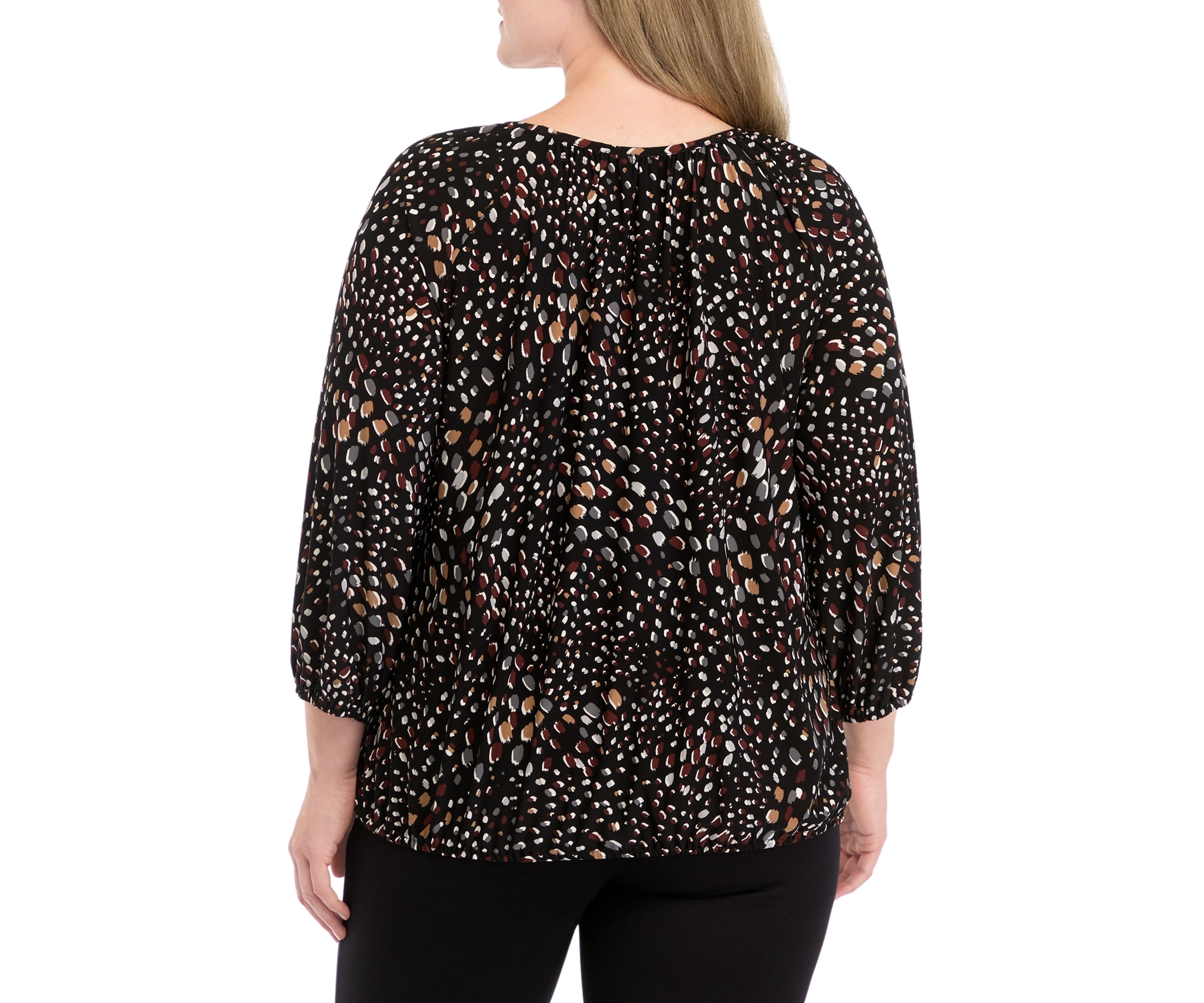 Plus Size Printed 2/4 Sleeve Shirred Peasant Top with Elastic Hem