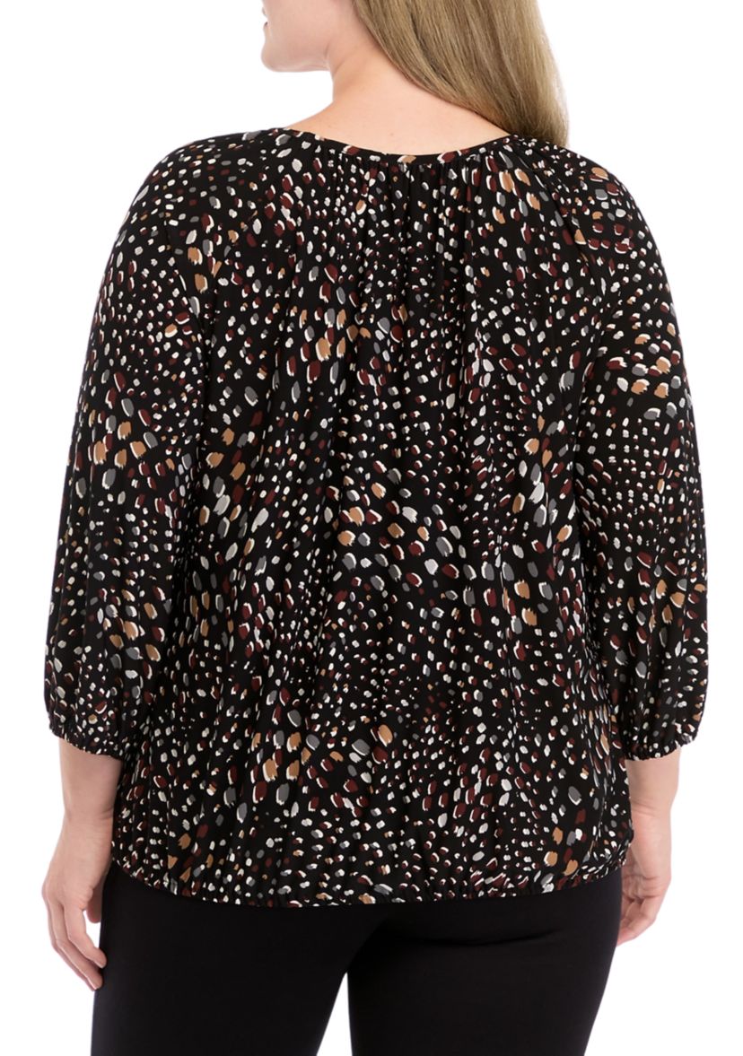 Plus Size Printed 2/4 Sleeve Shirred Peasant Top with Elastic Hem